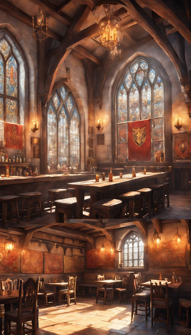 style-hamunaptra_sd2 zrpgstyle, medieval fantasy tavern interior, colorful tapestries on the walls Game of Thrones Hogwarts bright morning sunlight shining in from windows Clutter-Home, high quality (detailed) (intricate) (8k) (HDR) (wallpaper) (cinematic lighting) (sharp focus)