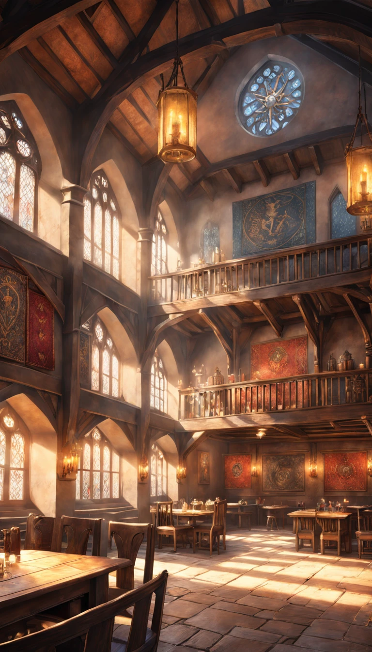 style-hamunaptra_sd2 zrpgstyle, medieval fantasy tavern interior, colorful tapestries on the walls Game of Thrones Hogwarts bright morning sunlight shining in from windows Clutter-Home, high quality (detailed) (intricate) (8k) (HDR) (wallpaper) (cinematic lighting) (sharp focus)