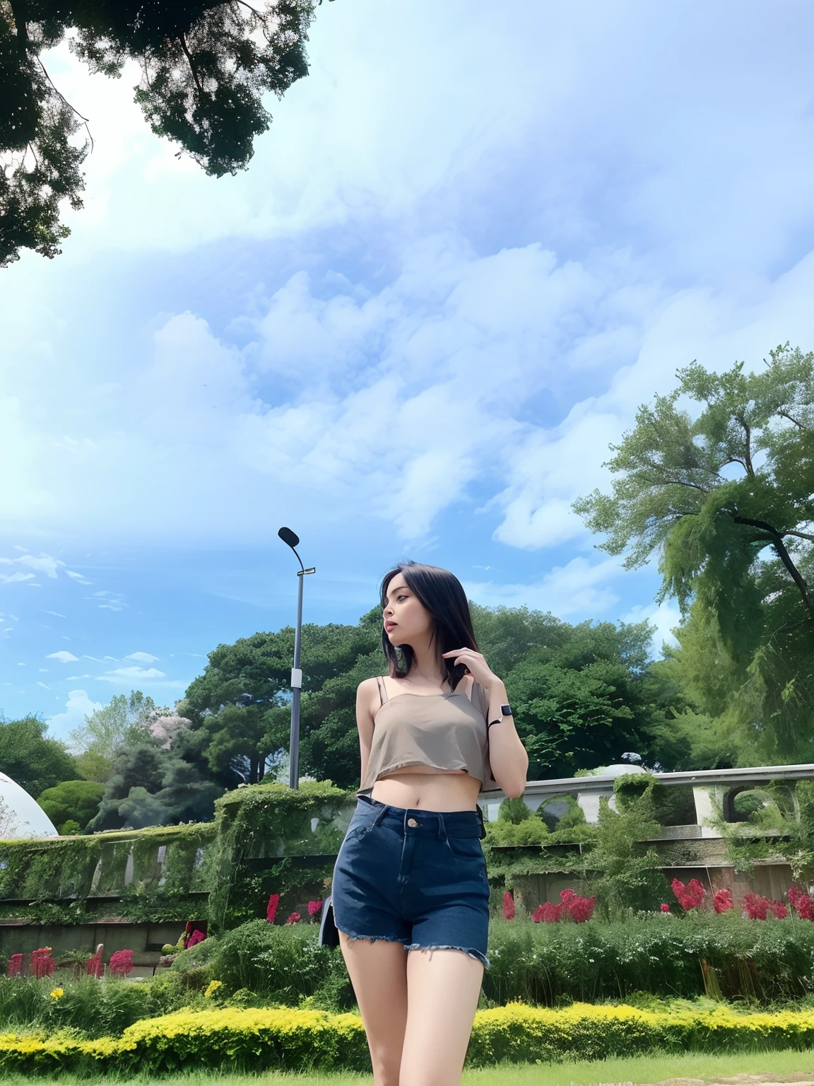 araffe woman in a crop top and shorts standing in a park, at a park, in a park, looking to the sky, wearing a cropped black tank top, photo taken with canon 5d, wearing a black cropped tank top, wearing a sexy cropped top, taken with canon eos 5 d mark iv, shot on canon eos r5, wearing crop top