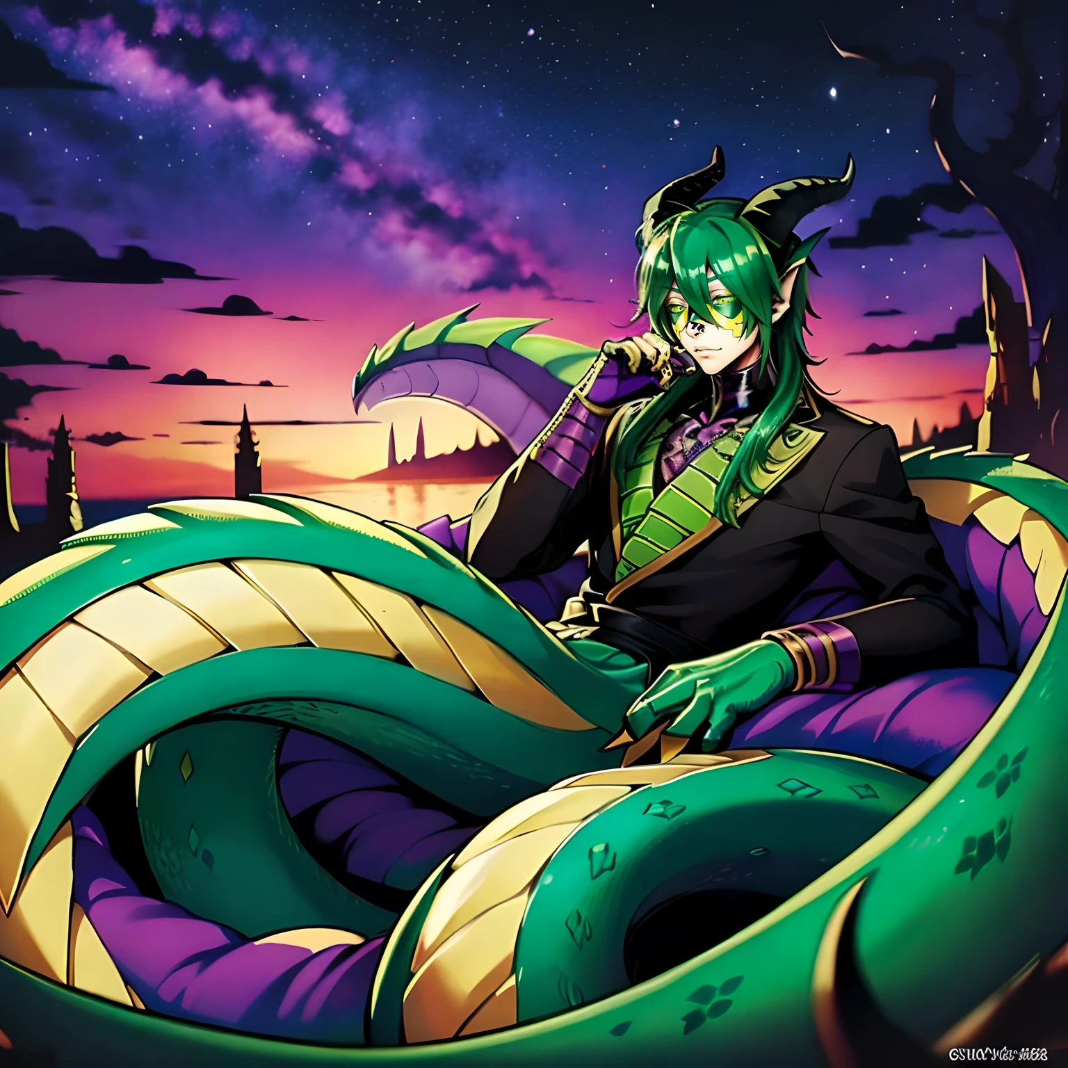 ((anime)),Malleus Draconia as a Digimon, 1boy, malleus draconia \(twisted wonderland\), horns, ((dragon like)), black scales, Green skin , ((black green and Purple color scheme)), ((Maleficent inspired)),digimon \(creature\), Monster boy, High Aesthetic, masterpiece, High quality, Handsome,
((scaled humanoid)),((mask covering Eyes))