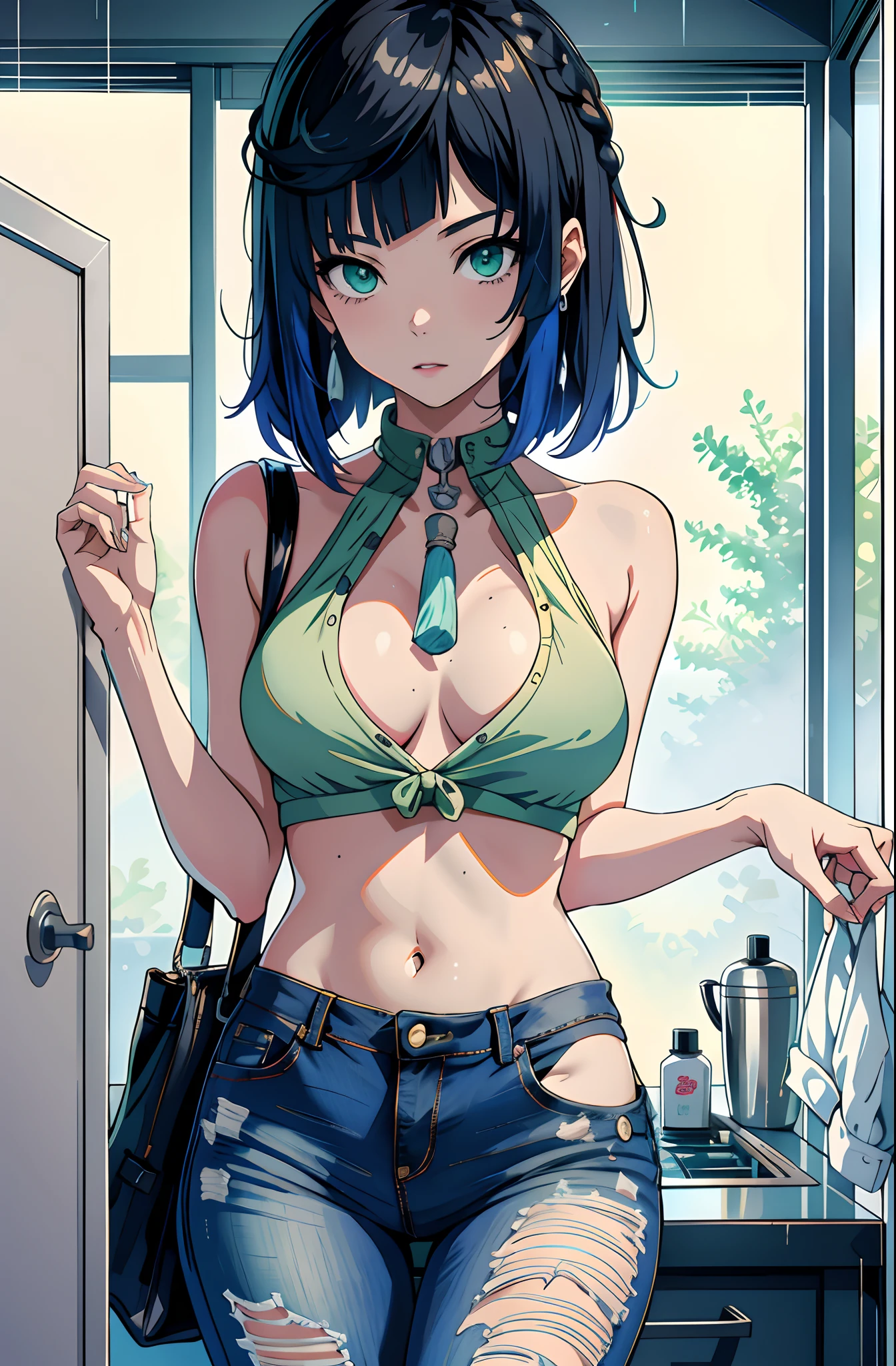 Anime girl in green top and ripped jeans standing in front of the door, seductive anime girls, attractive anime girls, style of anime4 K, beautiful and seductive anime woman, Anime girl, Beautiful anime girl, Anime girls, anime moe art style, Beautiful anime woman, Anime style. 8K, beautiful alluring anime , pretty anime girl, anime woman