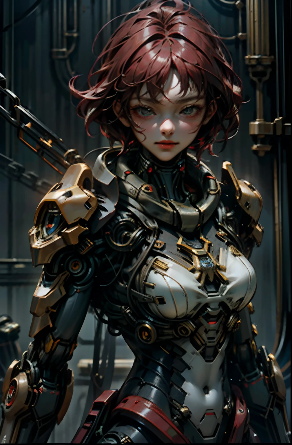 sun light, fantasia,Cyberpunk,(serra de cadeia,chain saw man,vermelho:1.1),1girl,mechanical marvel,robotic presence,cybernetic guardian,