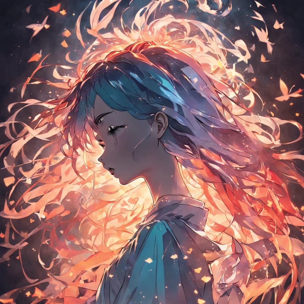 Paper art silhouette on white, Girl with closed eyes, Long colorful hair, Illustration of oriental elements, Clear lines, A masterpiece of high sharpness, movie light effect, 4K.