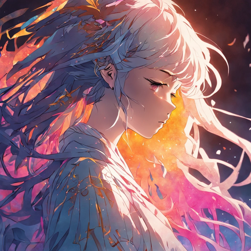 Paper art silhouette on white, Girl with closed eyes, Long colorful hair, Illustration of oriental elements, Clear lines, A masterpiece of high sharpness, movie light effect, 4K.