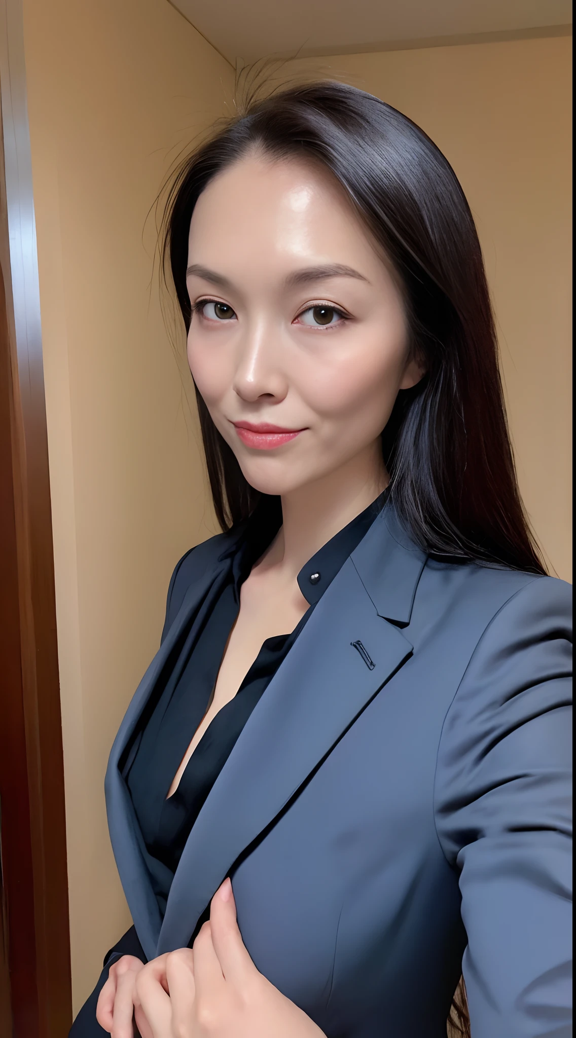 (Top Quality, 16k, Masterpiece: 1.3)), Slender Beauty 1 Person: 1.5, (C Cup Breasts: 1.1, Slender Abs: 1.2), (Black Straight Long Hair), (Ultra Detailed Face and Skin Texture, Ultra Detailed Eyes, Double Eyelids, Ultra Detailed Eyes), (Sharp Focus: 1.2), Dark Blue Suit, Back ground is President's Office, facing camera