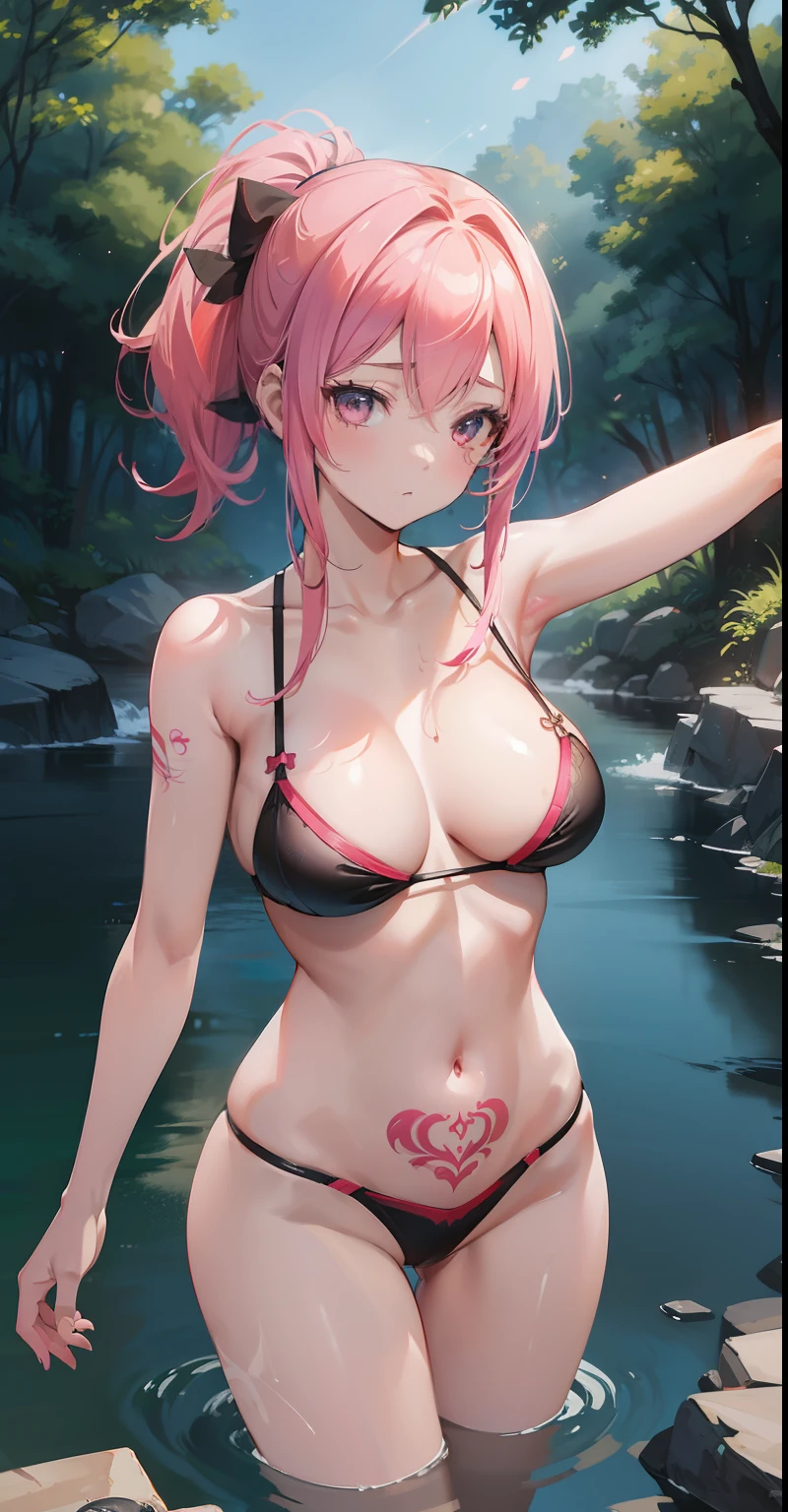 1girl, 16mm, 12mm, full frame, wide, (best quality), Shiranui Mai, Nami, medium breasts, professional lighting, (ultra high resolution), high resolution, tight fishnet, pink, tattoo, (cinematic lighting), POV, 4k, 8k, masterpiece, realistic light, natural light, realistic shadow, forest, river,