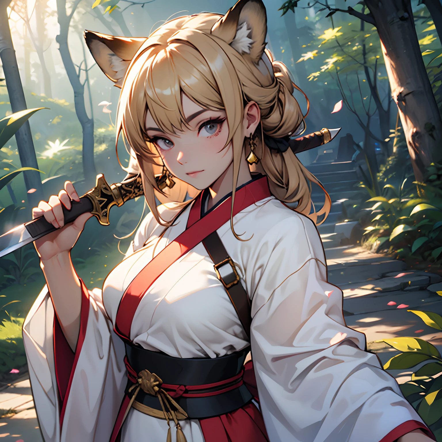 Uma mulher, (mulher), usa Hanfu curto sexy, bonito, arrogante, cabelo dourado longo, seios grandes, voluptuosa, Hanfu, antigo, muito sexy, orelhas de raposa,nove caudas de raposa,atraente, princess of the grizzly fox clan, standingn, corpo inteiro insinuante, from head to toe,showing off holding a sword with the big blade ,long and sharp in her right hand, next to a peach garden in the forest