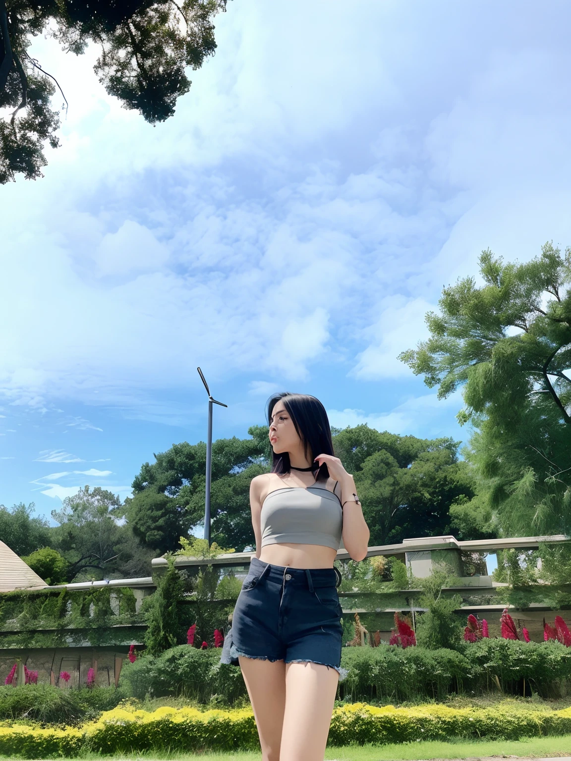 araffe woman in a crop top and shorts standing in a park, at a park, in a park, looking to the sky, wearing a cropped black tank top, photo taken with canon 5d, wearing a black cropped tank top, wearing a sexy cropped top, taken with canon eos 5 d mark iv, shot on canon eos r5, wearing crop top