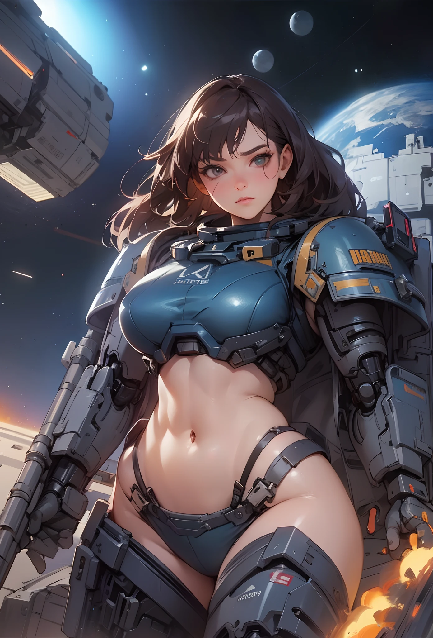 (Artwork of exceptional craftsmanship),(Detailed illustrations,(Very ideal anatomy),Very detailed and detailed drawing,Delicate lines with slow and rapid,(Realistic texture expression)),[Color tressed main line],(Space Battlefield [Space Mobile Fortress]),[独奏],[[ANIME]] Bionic Girl Beauty 15 years old ((well-muscled)) [plump] (Astronauts Cyborg) [Space Marine Corps Military [MASCHINEBODY]],Iron Spear [[Machine Gun Bazooka] Saber Rifle Bullet Belt Firearm][[Rocket Pack]],[White Devil],Zero Gravity Front,Gravure Battle Damage,Spatial Combat,(Fine and beautiful skin expression [Transparency]),[Clear gaze],[Perfect eye details (Eyes beautifully drawn down to the smallest detail)],(Beautiful perfect face [Realistic face details:0.8]),[More on shiny hair],(Perfect hand details),(Perfectly proportioned:1.2),([Advanced structural understanding of materials],Ideal color coordination),([Precision Detail],HighQuality,hight resolution),[(Accurate simulation of light-material interactions),Mechanically correct representation,Perfect Anatomy],[Graffiti art with a sense of narrative].