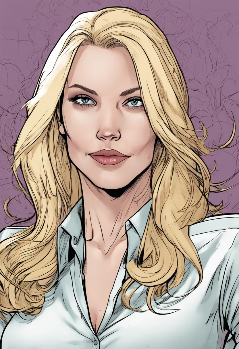 Un primer plano de una persona con cabello largo y una camisa, Gwen Stacy, Betty Cooper, Emma Frost, coloreado digitalmente, Boceto coloreado de alta calidad, in the art style of bowater, Retrato de Emma Frost, sil de especies, tiene el pelo rubio, Su vestuario es atractivo, Arte al estilo de Terry Moore, Phil Noto, Retrato de Kim Petras