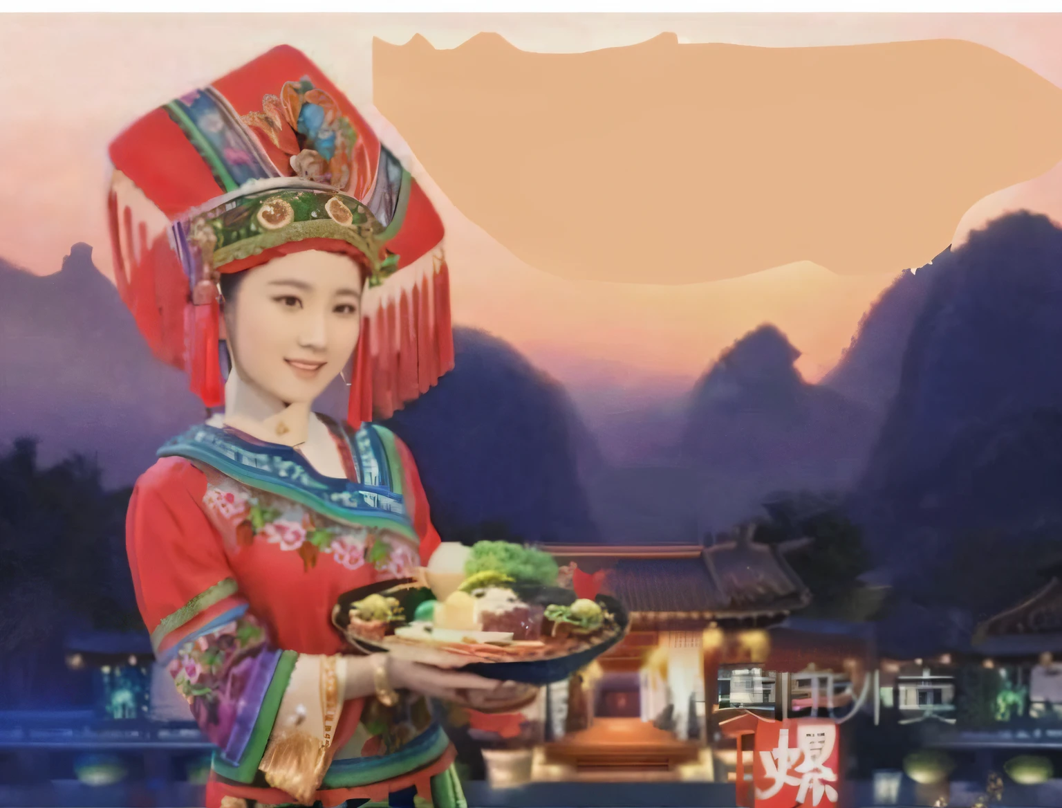 A woman dressed in traditional Chinese costume holds a bowl of snail powder, Chinese woman