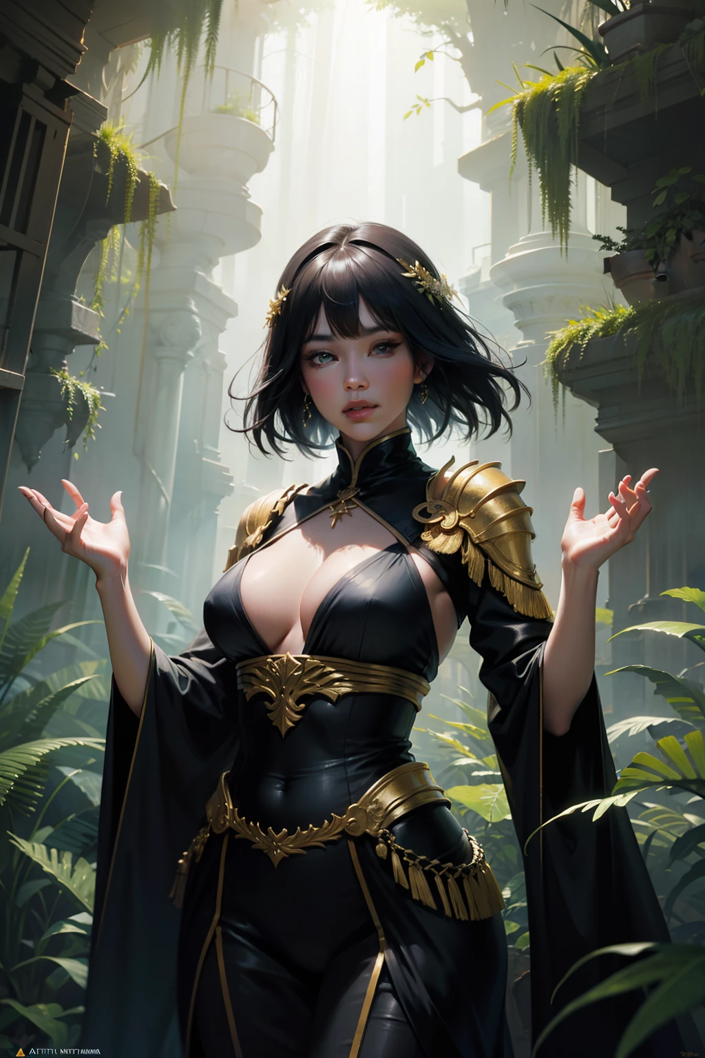 Beautiful woman, ferns, floating black coy, oil painting, cinematic lighting, by artgerm, masterpiece