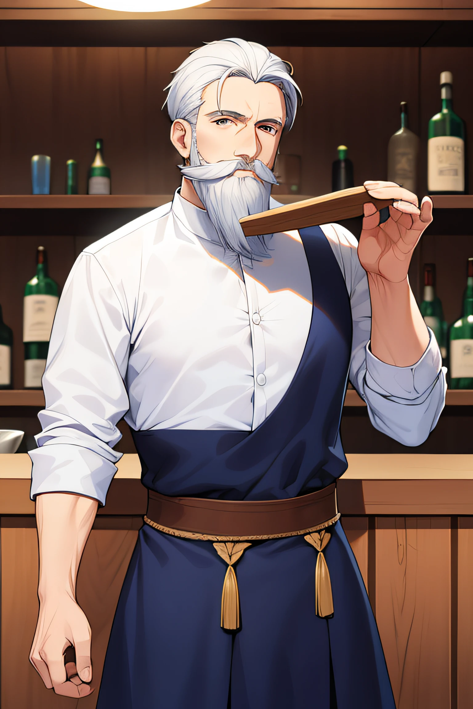 Hombre humano adulto, cabello corto blanco, ojos azules, Bigote y barba blancos, Ropa medieval plebeya alcohol y fondo de taverna en pose dinamica