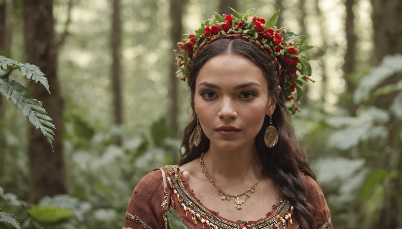 "An afared prehistoric woman wearing a traditional dress, sitting in a lush forest. She has a highly detailed and perfect face. The view is dynamic, with a low-angle perspective and frontal lighting, emphasizing the high level of detail."