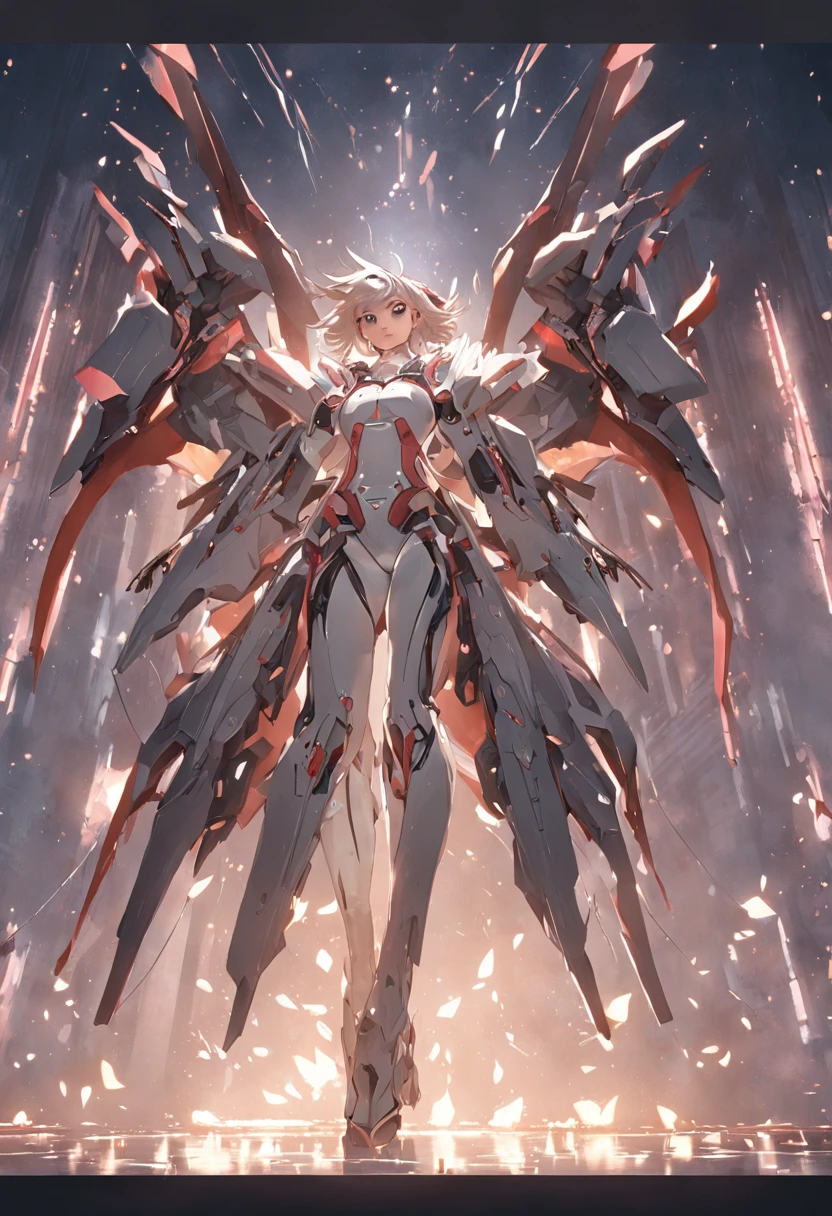 ((best qualtiy)), ((tmasterpiece)), ((Realistis)), (A detailed), (realisticlying:1.5), A futuristic girl, (Thick stature), (white straitjacket), In the picture, a beautiful girl with short hair with white messy hair appears,s delicate face,Wearing a steam mech,The mecha on the body is in a state of battle damage,The mech on his body was smashed to pieces,The female flesh and large areas of skin below the waist in the mech are exposed, HDR, Ray traching, NVIDIA RTX, Hyper-Resolution, Unreal 5, sub surface scattering, PBR textures, Post-processing, Anisotropic filtering, depth of fields, Maximum clarity and sharpness, trichotomy,8K original,(Luminous Particle:1.4),(VerydetailedCG,Unity 8k壁纸,3D,cinmatic lighting,lens flare glow),Reflectors,Sharp focus,