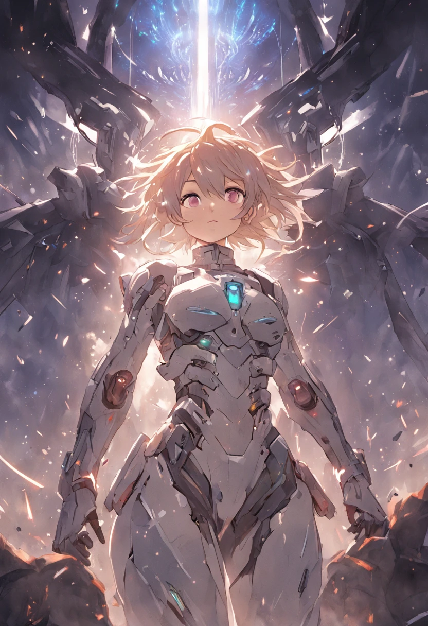 ((best qualtiy)), ((tmasterpiece)), ((Realistis)), (A detailed), (realisticlying:1.5), A futuristic girl, (Thick stature), (white straitjacket), In the picture, a beautiful girl with short hair with white messy hair appears,s delicate face,Wearing a steam mech,The mecha on the body is in a state of battle damage,The mech on his body was smashed to pieces,The female flesh and large areas of skin below the waist in the mech are exposed, HDR, Ray traching, NVIDIA RTX, Hyper-Resolution, Unreal 5, sub surface scattering, PBR textures, Post-processing, Anisotropic filtering, depth of fields, Maximum clarity and sharpness, trichotomy,8K original,(Luminous Particle:1.4),(VerydetailedCG,Unity 8k壁纸,3D,cinmatic lighting,lens flare glow),Reflectors,Sharp focus,