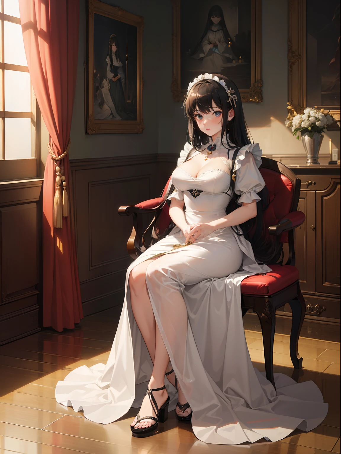 (best quality,4K,8K,High resolution,masterpiece:1.2),super detailed,(actual,photoactual,photo-actual:1.37), (alone), (A very cute :1.2) wear (very long silk dress:1.1), (prince), (best wrinkles, best shadow, best texture), (barefoot), Soft curls, sDull eyes, (Dull eyes, looking at the audience, (anger, blush)), Exquisite silver long veil, (Sitting dignifiedly on an exquisite and solemn throne), In the splendid palace, Bathed in the warm golden sunshine, Create a dreamy and magical atmosphere.