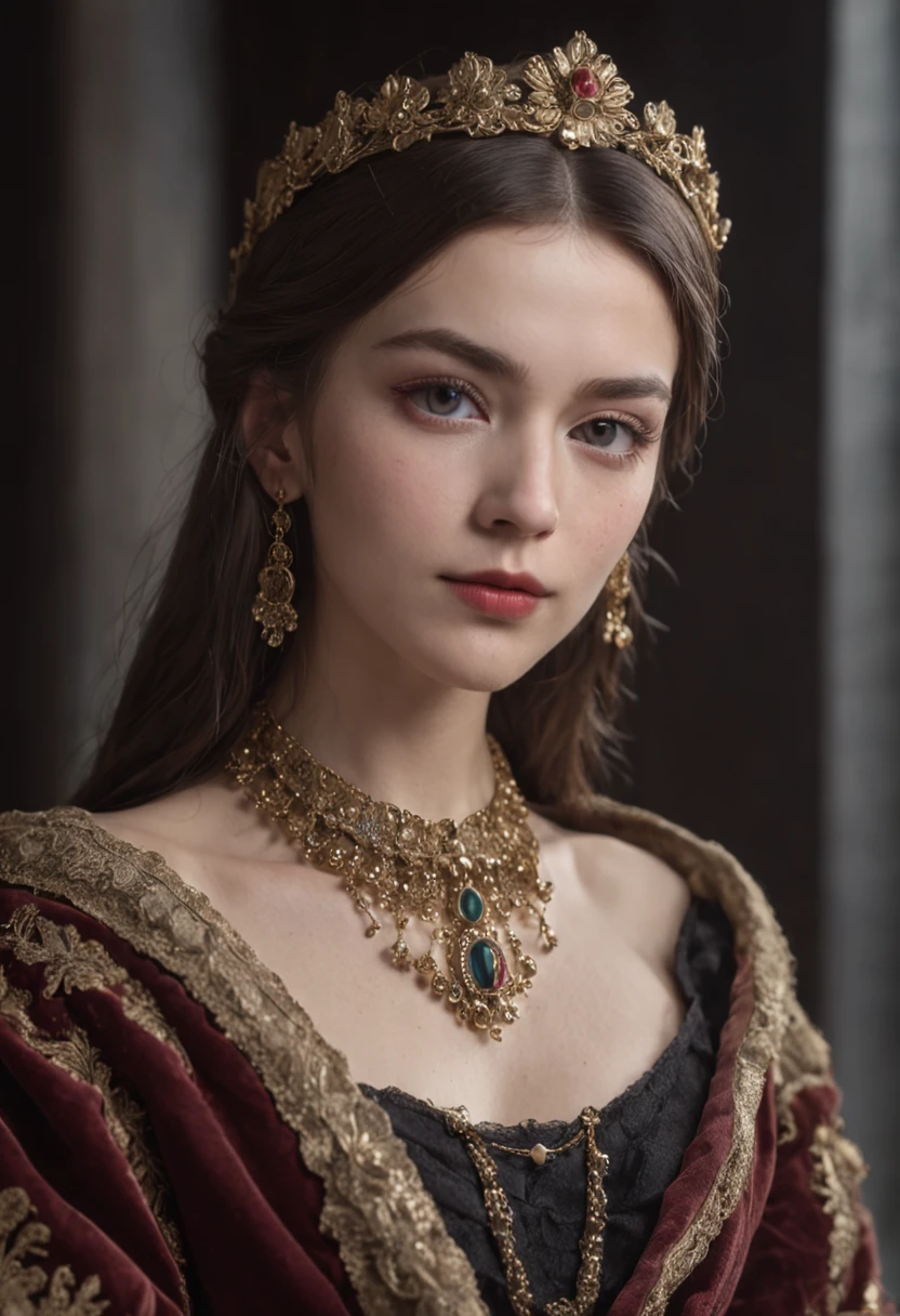 European and American court style，A girl covered in jewelry，Wear medieval vintage fashion，The background is dark，Presented as a bust，The picture ratio is HD 9:16。