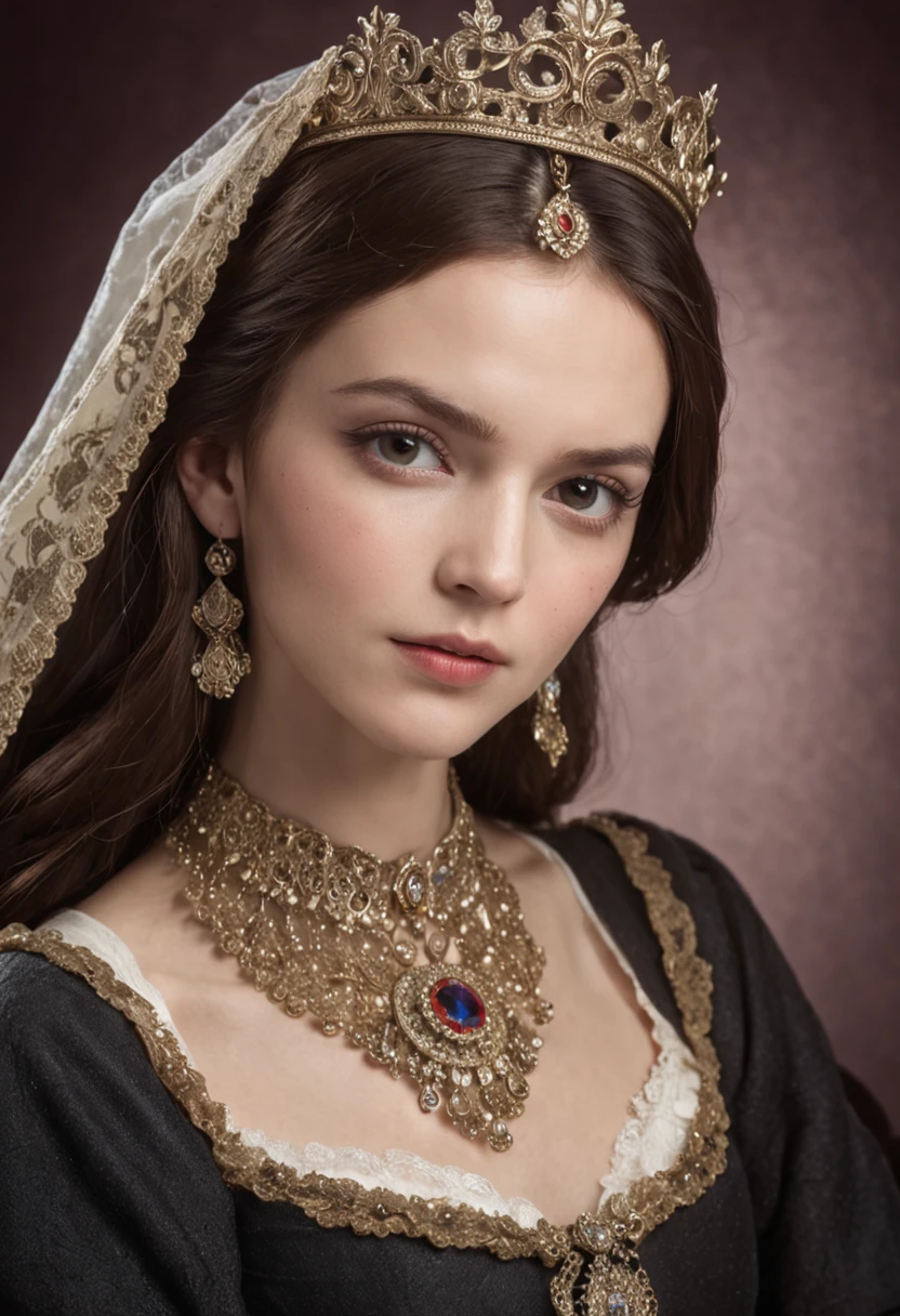 European and American court style,A girl covered in jewelry,Wear medieval vintage fashion,The background is dark,Presented as a bust,The picture ratio is HD 9:16。
