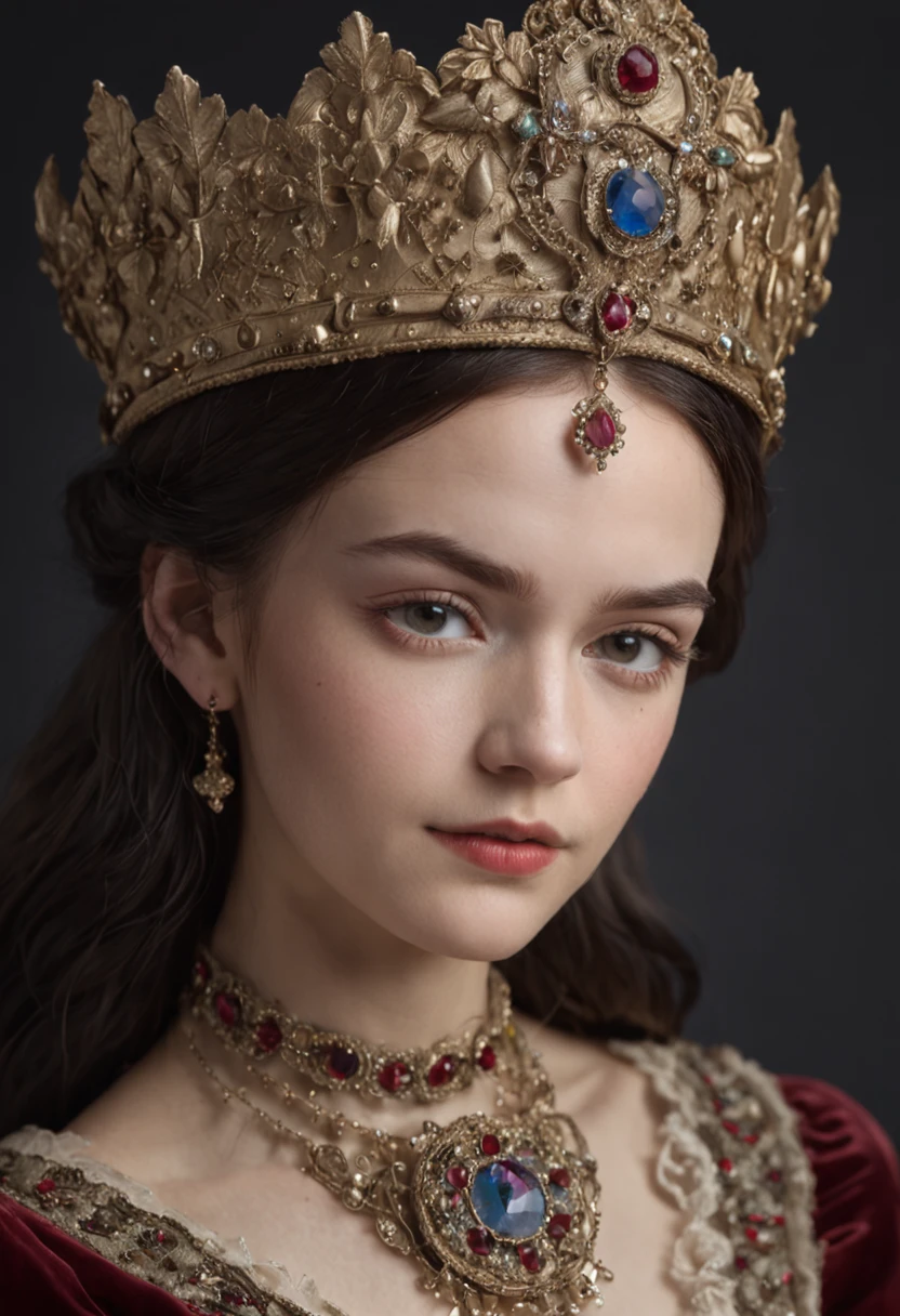 European and American court style，A girl covered in jewelry，Wear medieval vintage fashion，The background is dark，Presented as a bust，The picture ratio is HD 9:16。