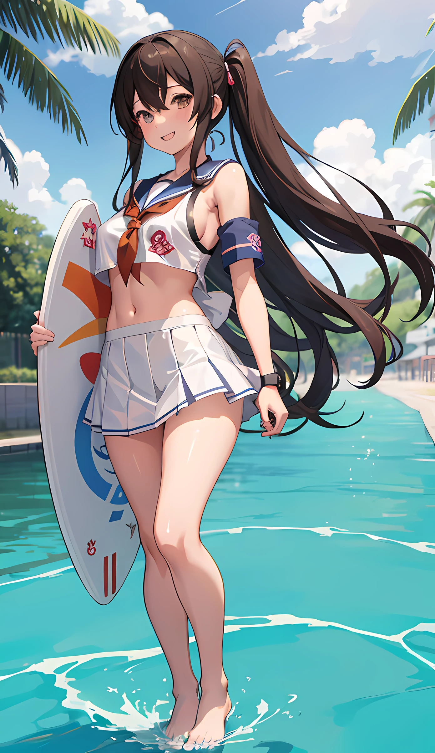 Anime girl in white shirt and brown panties holding surfboard, Ecchi anime style, Kantai Collection Style, biomechanical oppai, Ecchi style, kantai collection arcade, anime moe art style, oppai, (SFW) safe for work, two beautiful anime girls, Ecchi, anime maids riding early tanks, Twin-tailed, 1girl in、A smile、The shirt、skirt by the、(small tits)Chilarism、Japan High School Student Uniform、serafuku、summer clothing、(Sheer Bra)、Upper body portrait、Squatting panchira、