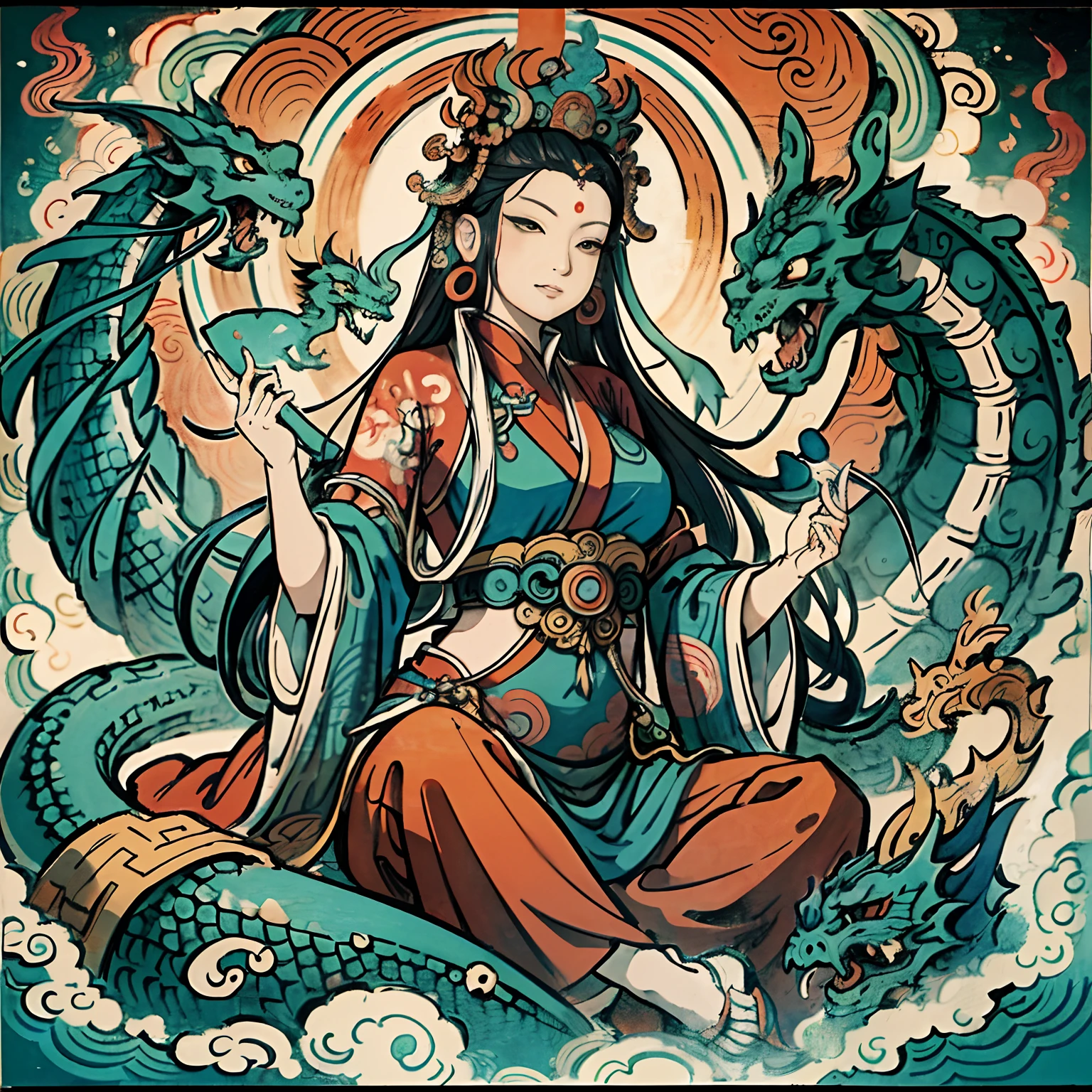 an ancient Chinese goddess, guanyin of the southern seas, Guanyin, Inspired by India, Avalokiteshvara rides a dragon，,Serene expression,shui mo hua,Buddha,Buddhist,Lotus,Chinese painting style,Thangka style