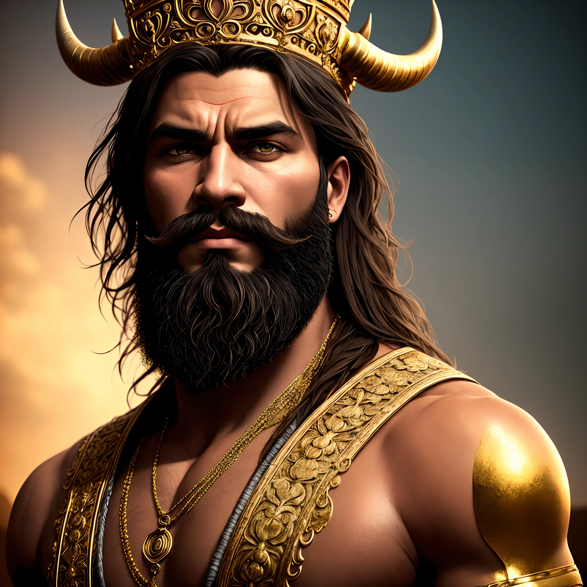 Waist high portrait of a handsome Indian king, Large size, Muscular, demon, Giant, lbeard, Beard, evil look, Long hair, black and gold dress, Horns in the crown, Perfect detailed face, Realistic, stunning realistic photograph, a 3D render, rendering by octane, intricately details, Cinematic, trending on artstationh, Centered ultra-realistic cover photo, Awesome full color, grittiness, High definition, Cinematic, Stylized digital art, smooth, hyper HD