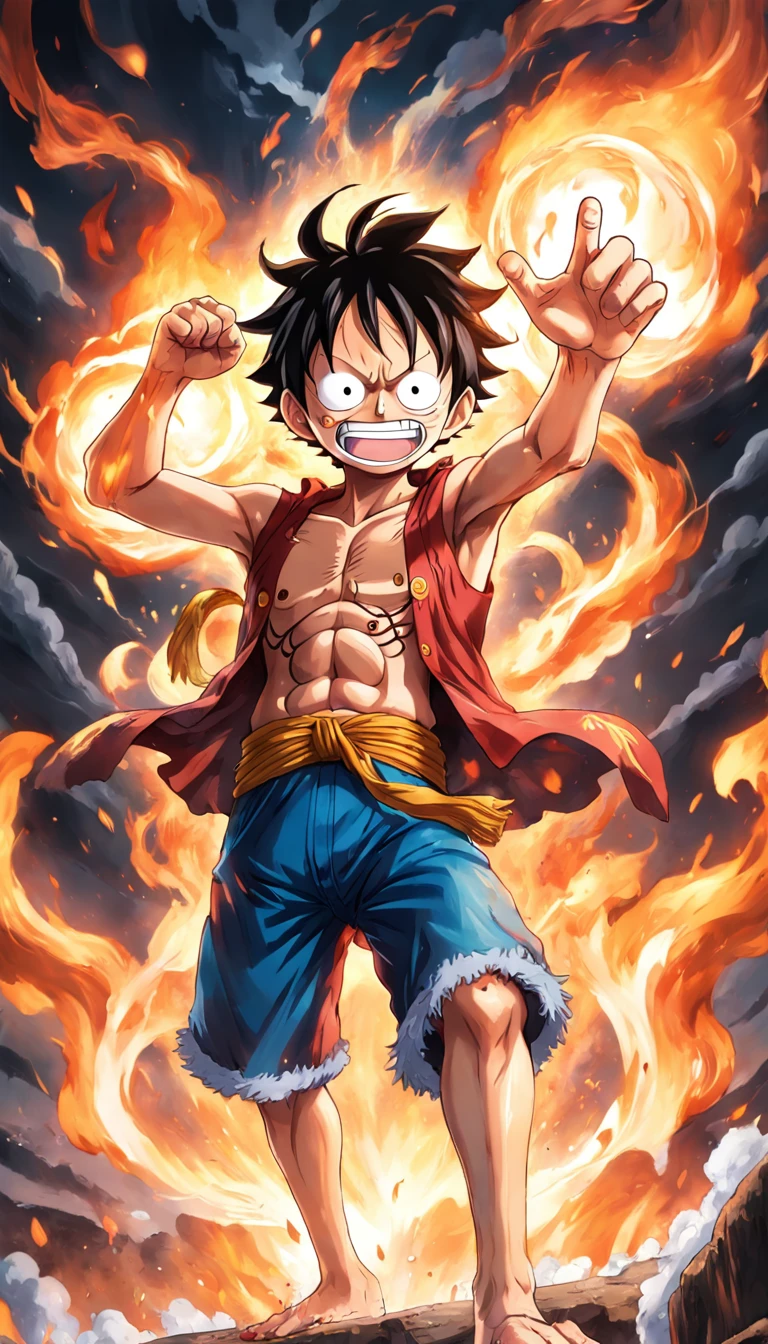 Make exciting posters with Luffy "One Piece" In the heat of the moment, Five-step pattern,White hair,Blue and white smoke entangled,. Capture the essence of his fiery determination and indomitable spirit,Because he unleashed his anger on the enemy. Keep it short, boldness, And strongly convey the raw power of Luffy's anger. Chibi was established, anime big breast