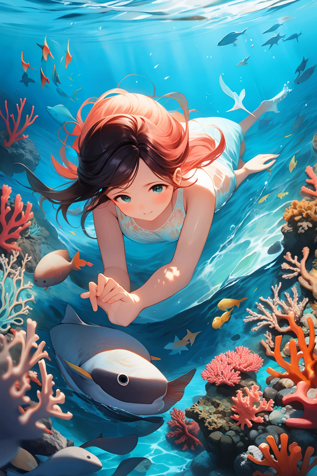 (ocean floor、Marine life、Beautiful coral reef、The fish),Messy painting style，Hair flows in water