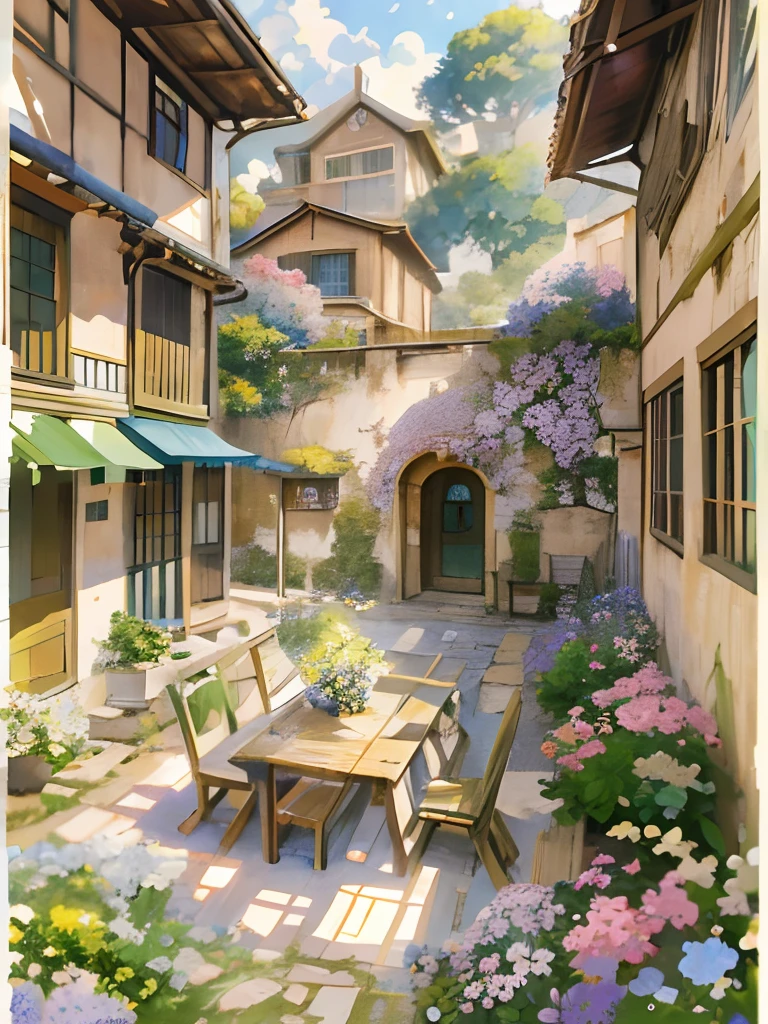 painting of a courtyard with a table and chairs and a bench, anime background art, relaxing concept art, anime scenery concept art, immensely detailed scene, a beautiful artwork illustration, detailed scenery —width 672, studio ghibli environment, highly detailed scene, environment design illustration, beautiful anime scene, ghibli studio style, anime scenery, detailed soft painting, environment painting