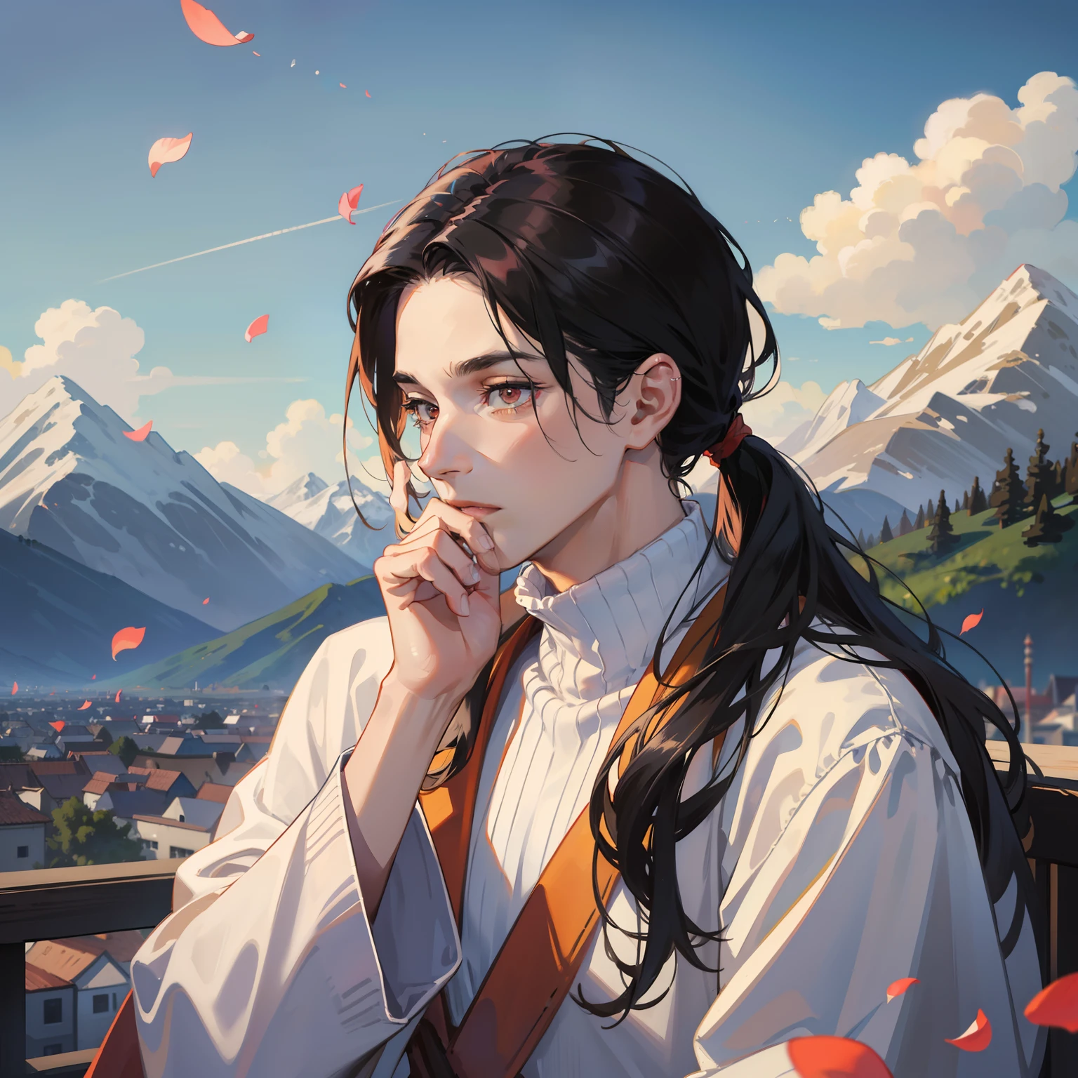 Best quality, masterpiece, potrait, avatar, half-body, 1 man, male, man focus, man only, long wavy black hair, low ponytail style, red eyes, turtle-neck with white robe, 3/4 side, bright eyes, brilliant scene, sky, looking down, looking at the viewers, city and mountainous background, flying petals, male face, hand on chin, look far away, backyard
