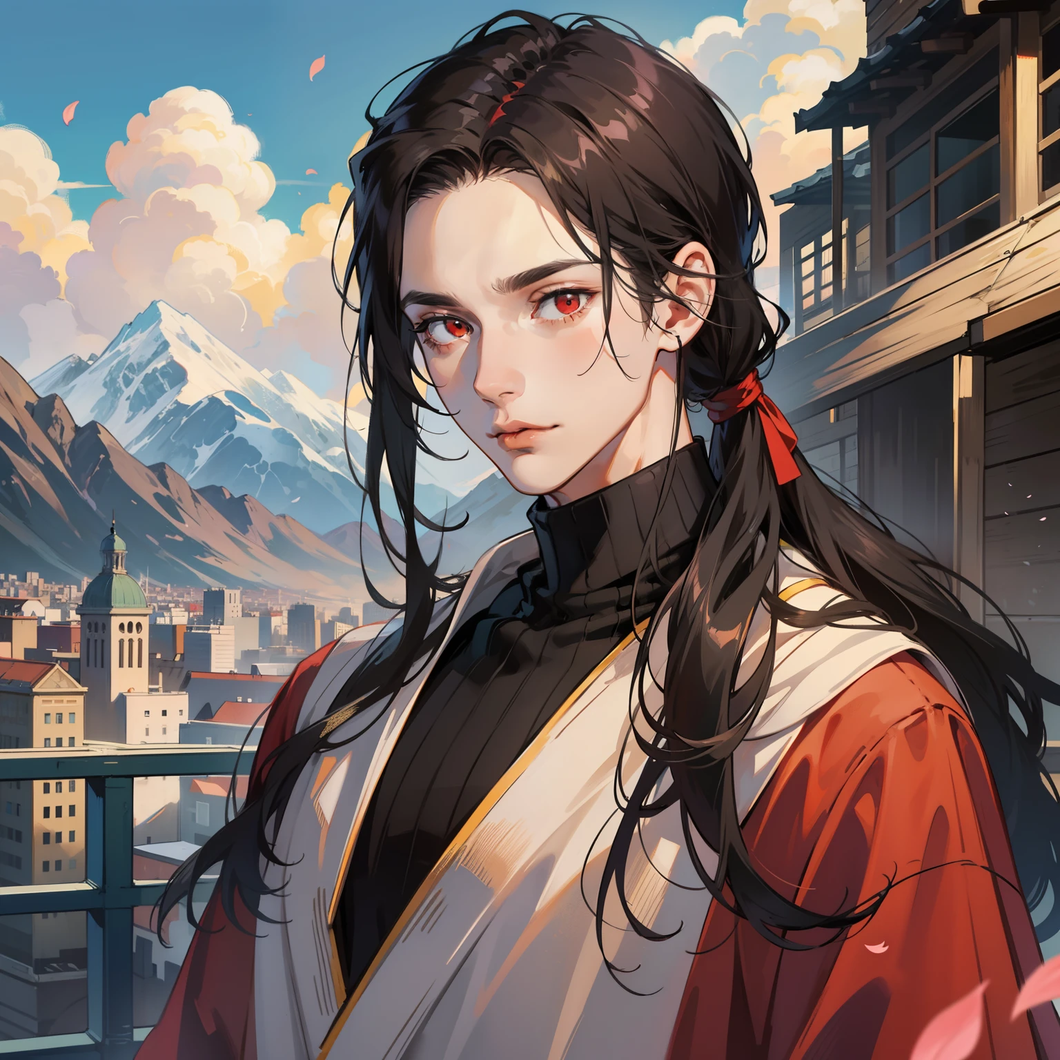 Best quality, masterpiece, potrait, avatar, half-body, 1 man, male, man focus, man only, long wavy black hair, low ponytail style, red eyes, turtle-neck with white robe, 3/4 side, bright eyes, brilliant scene, sky, looking down, looking at the viewers, city and mountainous background, flying petals, male face, hand on chin, look far away, backyard