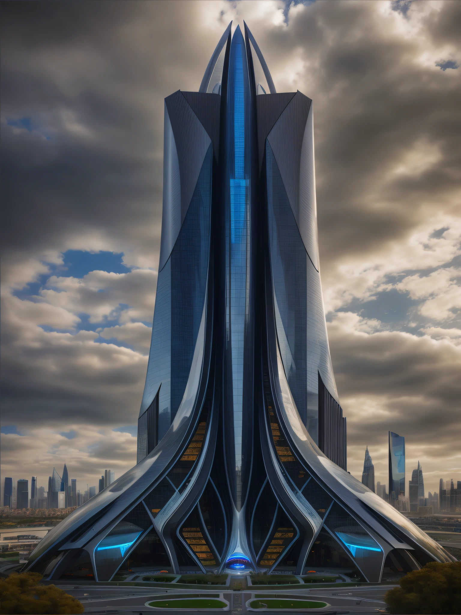 Arafeld architecture,There is blue light on the top, futuristic skyscrapers, zaha hadid octane highly render, futuristic tower, inspired by Zha Shibiao, detailed futuristic architecture, in style of zaha hadid architect, inspired by Zaha Hadid, in style of zaha hadid, huge futuristic building, Photo of futuristic cityscape, futuristic palace, futuristic building