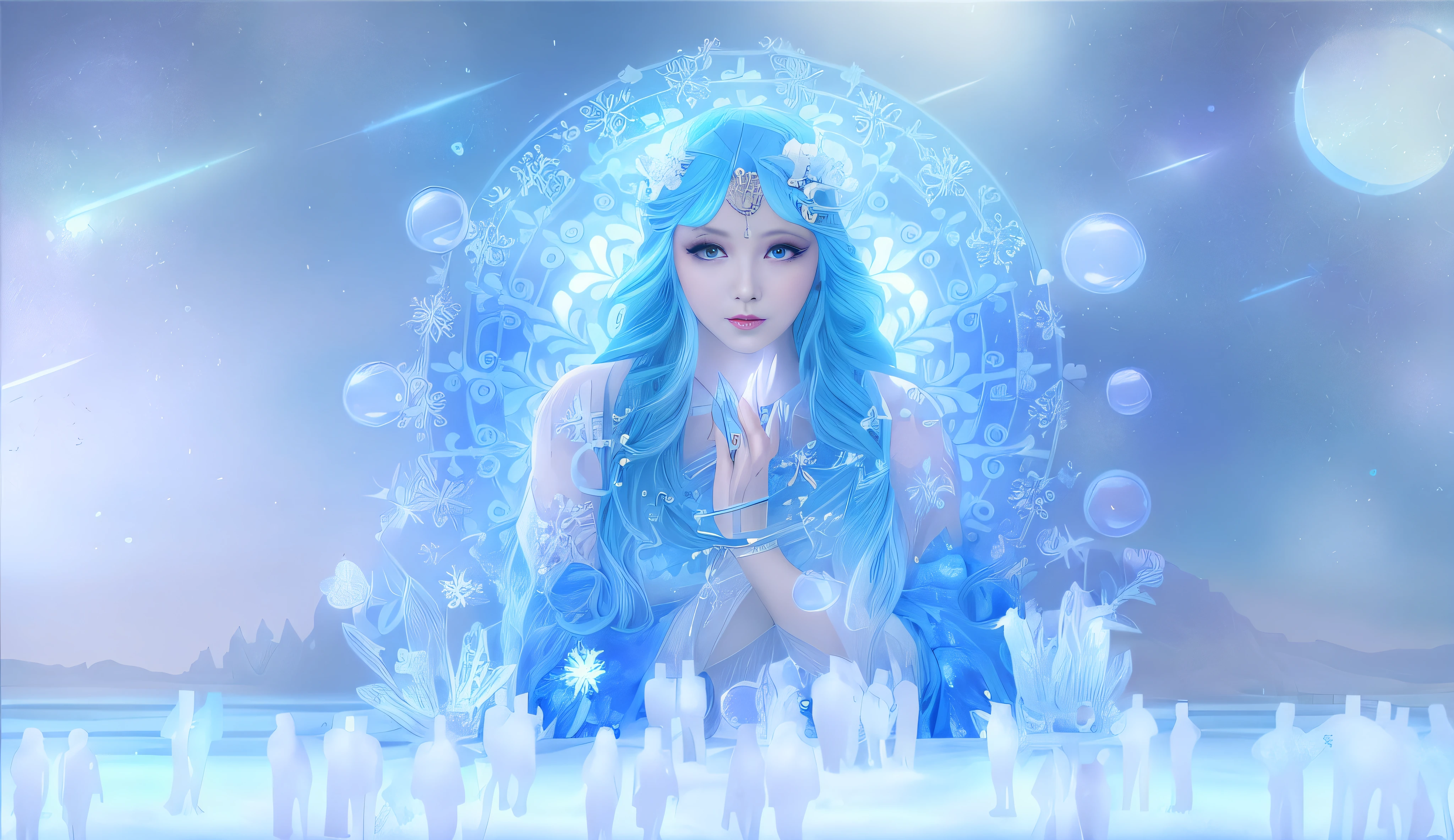 There is a woman with blue hair and a blue dress surrounded by bubbles, goddess of winter, Ice Queen, ice sorceress, Ice Princess, Winter queen, queen of ice, female made of ice, jellyfish priestess, ice spell, A beautiful artwork illustration, Anime fantasy illustration, Exquisite digital illustration, digital art fantasy art, xianxia fantasy