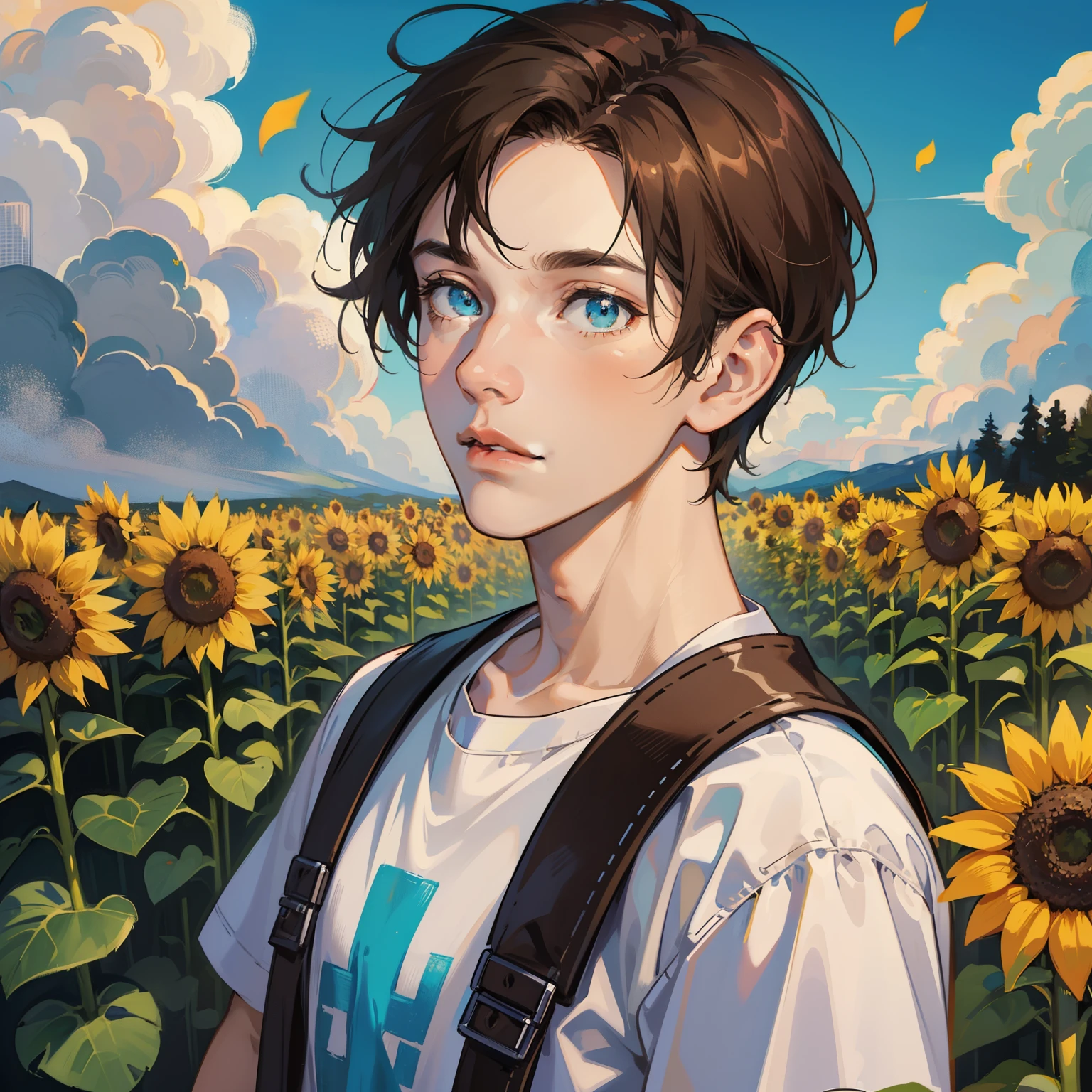 Best quality, masterpiece, potrait, avatar, half-body, 1 man, male, man focus, man only, short brown hair, turquoise eyes, simple T-shirt, 3/4 side, bright eyes, brilliant scene, sky, looking down, looking at the viewers, sunflower field background, flying petals