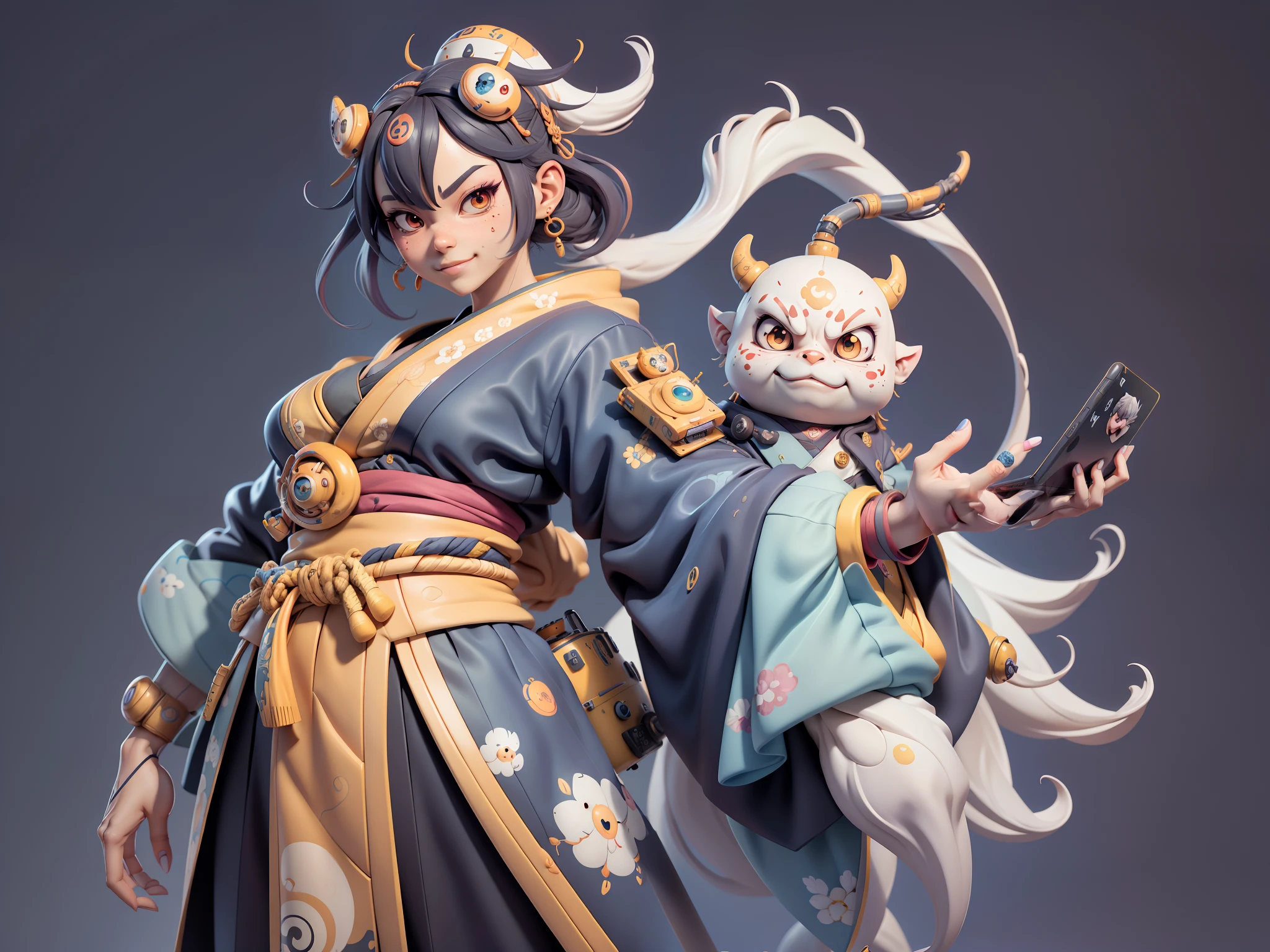 (Daisaku),(Need),(Super meticulous),(full bodyesbian:1.2),Japanese ukiyo-e girl,japanese geisha,Beautiful,Oriental dragon,Aeolian Thor,Raised sexy,爆乳,Oriental face,TV Anchor,Bust portrait illustration,Alone,In black suit,a blue tie,The face is slightly chubby,The face was clean,without a beard,Black super short hair,Black eyes,Smile confidently,3C computer sub-products,iPad, iphone,Digital painting,3D character design by Mark Clairen and Pixar and Hayao Miyazaki and Akira Toriyama,The illustration is a high-definition illustration in 4K resolution,With very detailed facial features and cartoon-style visuals。