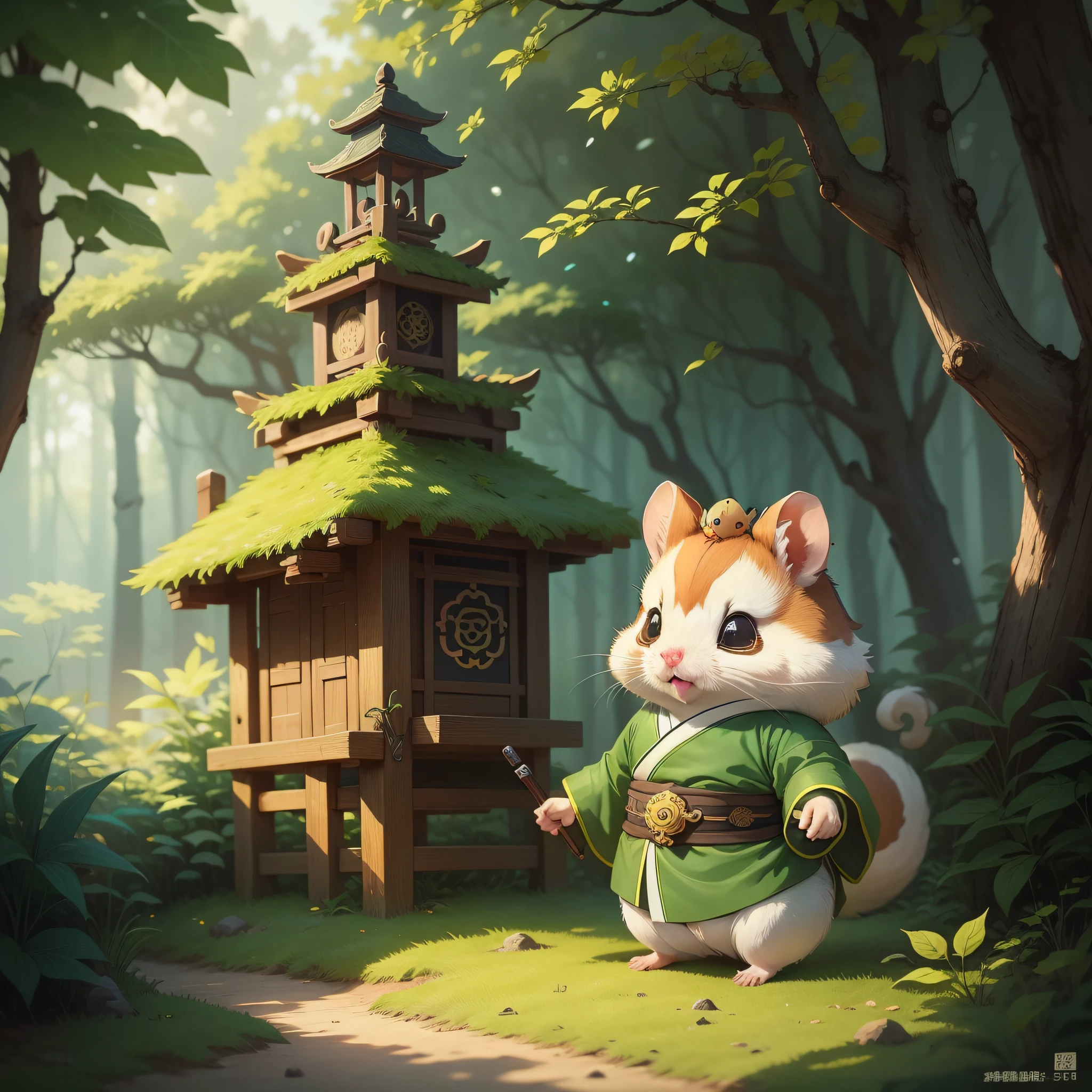 Cartoon of hamster in green Hanfu, cute character, maplestory mouse, cute forest creature,   Cute cartoon character, telegraph stickers, telegraph stickers design, inspired by Kanbun Master, inspired by Miao Fu, personification, official character illustration