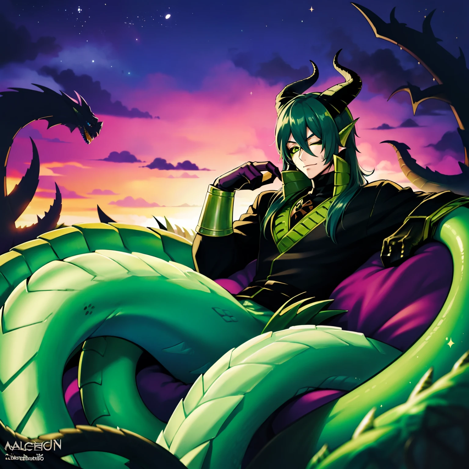 ((anime)),Malleus Draconia as a Digimon, 1boy, malleus draconia \(twisted wonderland\), horns, ((dragon like)), black scales, Green skin , ((black green and Purple color scheme)), ((Maleficent inspired)),digimon \(creature\), Monster boy, High Aesthetic, masterpiece, High quality, Handsome,
((scaled humanoid)),((mask covering Eyes))