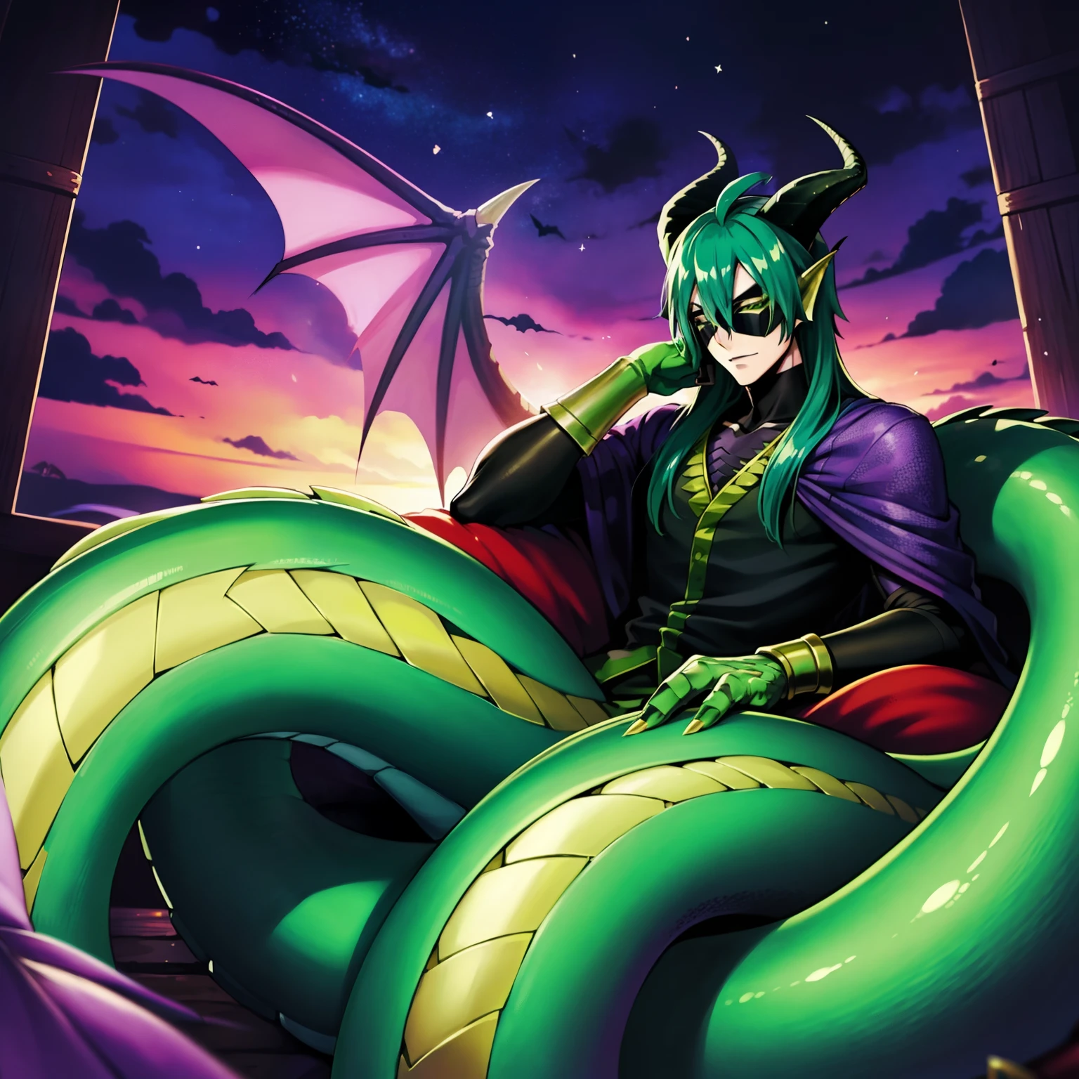 ((anime)),Malleus Draconia as a Digimon, 1boy, malleus draconia \(twisted wonderland\), horns, ((dragon like)), black scales, Green skin , ((black green and Purple color scheme)), ((Maleficent inspired)),digimon \(creature\), Monster boy, High Aesthetic, masterpiece, High quality, Handsome,
((scaled humanoid)),((mask covering Eyes))