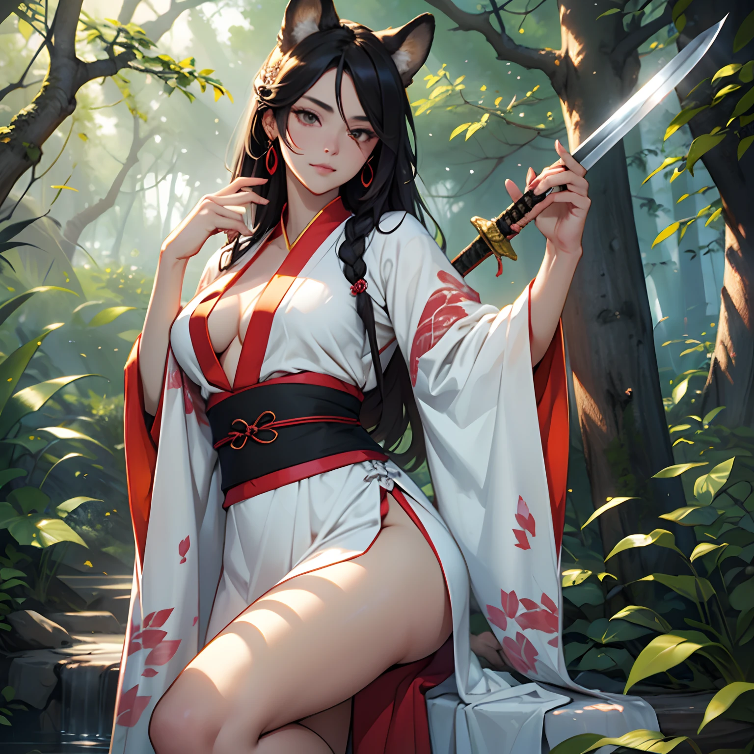 Uma mulher, (mulher), usa Hanfu curto sexy, bonito, arrogante, cabelo dourado longo, seios grandes, voluptuosa, Hanfu, antigo, muito sexy, orelhas de raposa,nove caudas de raposa,atraente, princess of the grizzly fox clan, standingn, corpo inteiro insinuante, from head to toe,showing off holding a sword with the big blade ,long and sharp in her right hand, next to a peach garden in the forest
