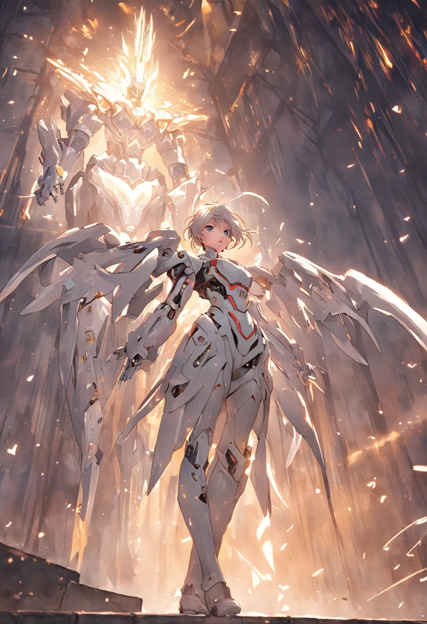 （（best qualtiy））， （（tmasterpiece））， （（Realistis））， （A detailed）， （realisticlying：1.5）， A futuristic girl， （Thick stature）， （white straitjacket）， In the picture, a beautiful girl with short hair with white messy hair appears，s delicate face，Wearing a steam mech，The mecha on the body is in a state of battle damage，The mech on his body was smashed to pieces，A large area of mecha on his body was shattered，The body of the girl wearing a mecha is revealed， HDR， Ray traching， NVIDIA RTX， Hyper-Resolution， Unreal 5， sub surface scattering， PBR textures， Post-processing， Anisotropic filtering， depth of fields， Maximum clarity and sharpness， trichotomy，8K original，（Luminous Particle：1.4），（VerydetailedCG，Unity 8k壁纸，3D，cinmatic lighting，lens flare glow），Reflectors，Sharp focus，