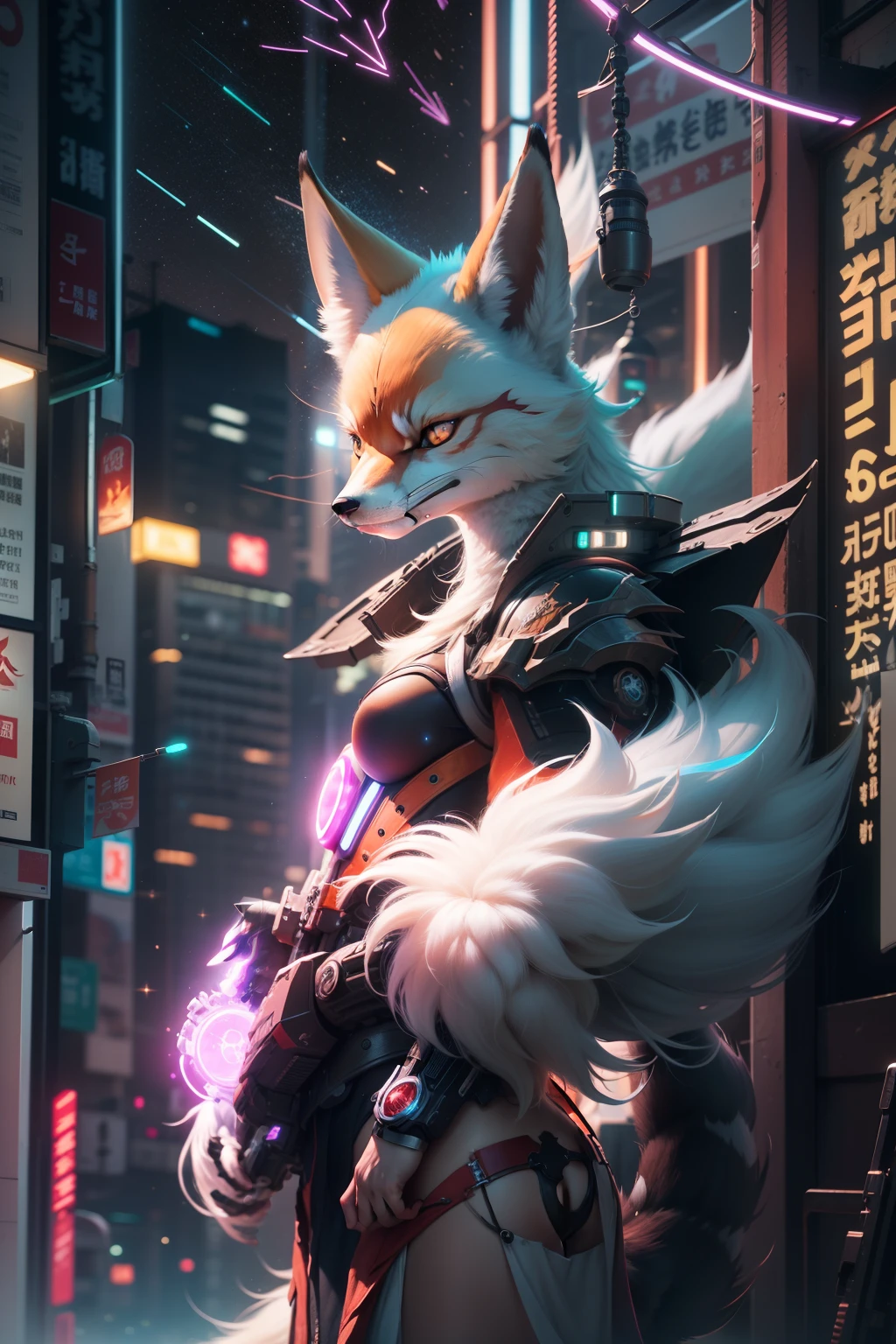 masterpiece，Masterpiece，城市，nine tail fox，Stand under neon lights，Nine tails，Multiple tails，Flying machinery，Sci-fi，high definition detail、Hyper-detailing、cinematic ligh、ultra-realistic realism、Soft light、Deep field focus bokeh、Ray tracing and surrealism