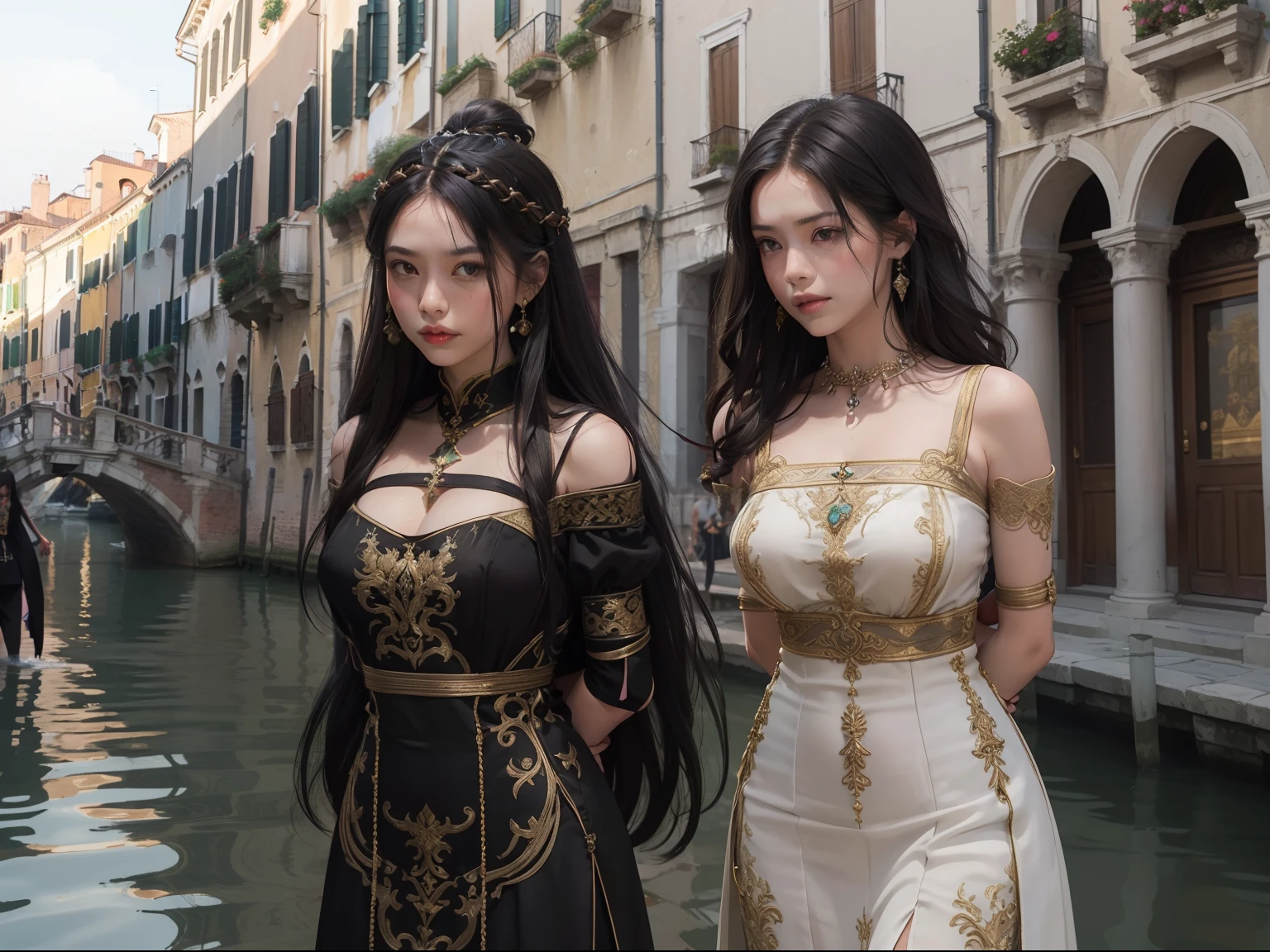 top quality picture　　　、Italy、Venice　、old bridge　、
１５century　、(((Very luxurious embroidered long dress)))　、　Walking　　、(((two womens)))　、　(((Bound arms)))　, (((arms behind back)))
　,　full body Esbian
　 　、Collar with rope　　、(((distressed look)))　、Thin ropes that bind the body　、chains　、Pale green walls　、 Black hair　、low angles　、 shining beautiful skin , Sweat, collar and chain accessories, beautiful black pupil and hair, Detailed expression　, beautidful eyes,