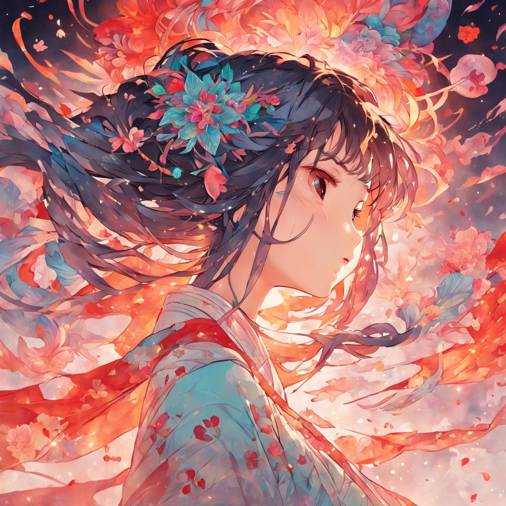 (White background:1.4),(Silhouette of a girl's head, Eyes closed, colorfull long hair, Oriental elements)，(Chinese illustration:1.3，paper art:1.3, Quilted paper art:1.2),( reasonable design, Clear lines, High sharpness,Best quality, Very detailed, Masterpiece, movie light effect, 4K )