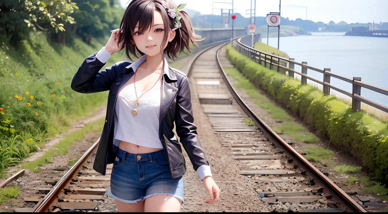 morning、Girl walking on a road parallel to the railroad tracks、You can see the sea in the background, I see the train、( hair adornments、耳Nipple Ring、Floral hair ornament、butterfly hair ornament)、 Fuji Film, F/4.0, masutepiece, Anatomically correct、A smile, radiant light、Shinkai Makoto style