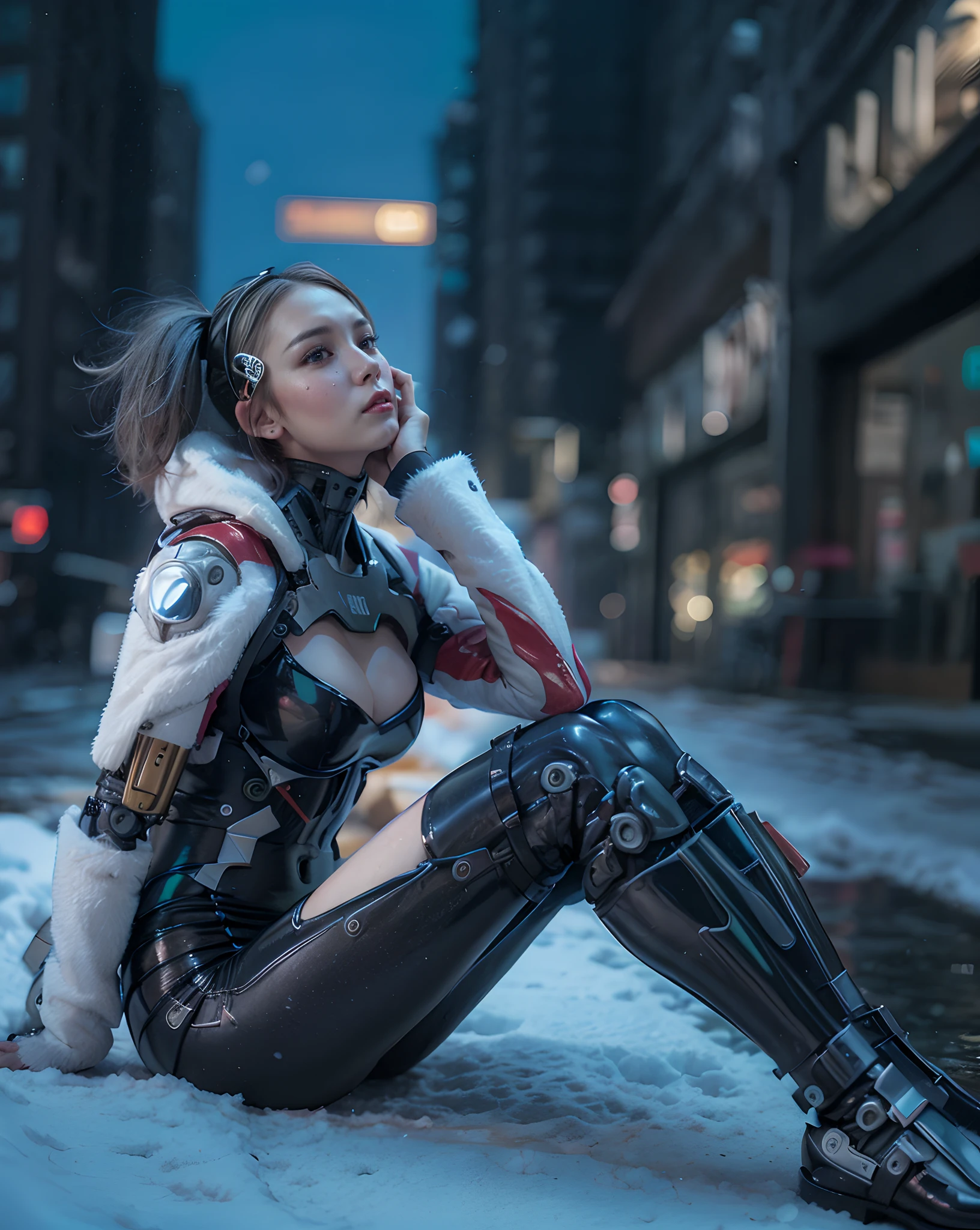 1girl, solo, realistic, photography, wearing a cyberpunk helmet, sitting with their legs crossed, greaves, medium breast, (cyborg arms:1.4), cinematic colorgrading film, dramatic scenes, RAW photo, Masterpiece, ultra wide angle, half-body, Ultra Fine Photo, Best Quality, Ultra High Resolution, Photorealistic, volumetric light, Stunningly Beautiful, Delicate Face, Vibrant Eyes, (Highest quality:1.3), (sharp focus:1.5), (skin_textures:1.2), (photorealistic:1.5), (highly detailed skin), (detailed face), (high detailed skin:1.2), (glistening skin:1.15), night, city, snow, snowy, (big wings:1.2), glossy, calestial, looking viewer,  (fluffy crop jacket:1.2)