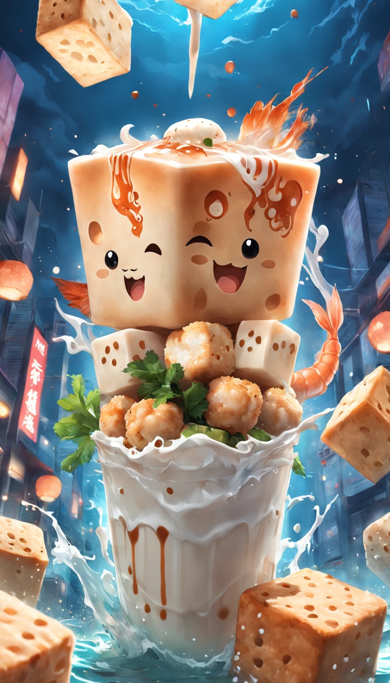 A milk tea of spicy mix, with shrimp, tofu cubes, coriander, fish balls, tofu puffs, beef cubes