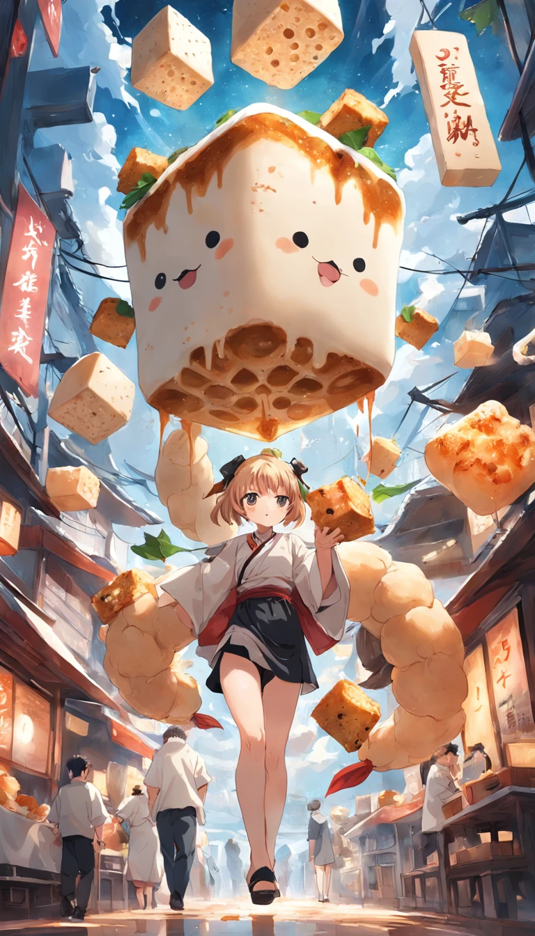 A milk tea of spicy mix, with shrimp, tofu cubes, coriander, fish balls, tofu puffs, beef cubes