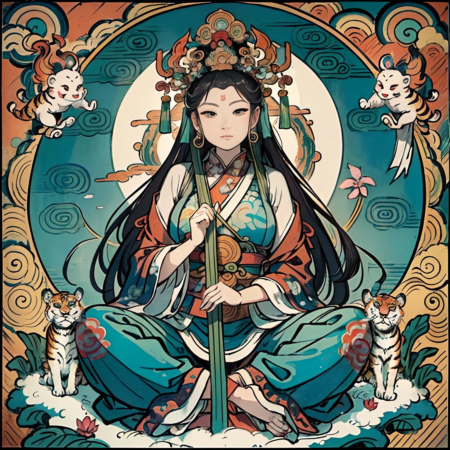 an ancient Chinese goddess, guanyin of the southern seas, Guanyin, Inspired by India, Avalokiteshvara rides a tiger,,Serene expression,shui mo hua,Buddha,Buddhist,Lotus,Chinese painting style,Thangka style