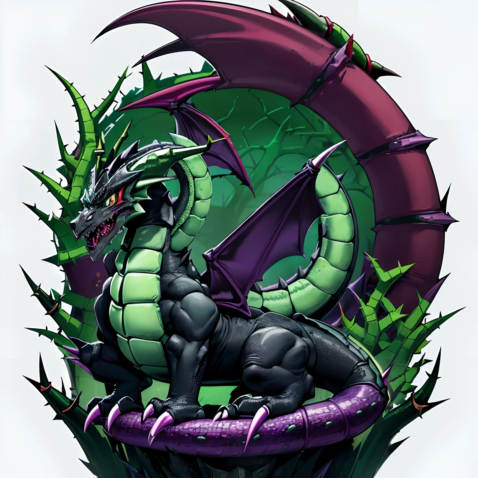 Malleus Draconia as a Digimon, ((1dragon:1.4)), malleus draconia \(twisted wonderland\), horns, ((dragon like:1.2)), black scales, Green skin, ((Thorns on body:1.3)), ((black green and Purple color scheme)), ((Maleficent inspired)),digimon \(creature\), High Aesthetic, masterpiece, Highest quality, close up